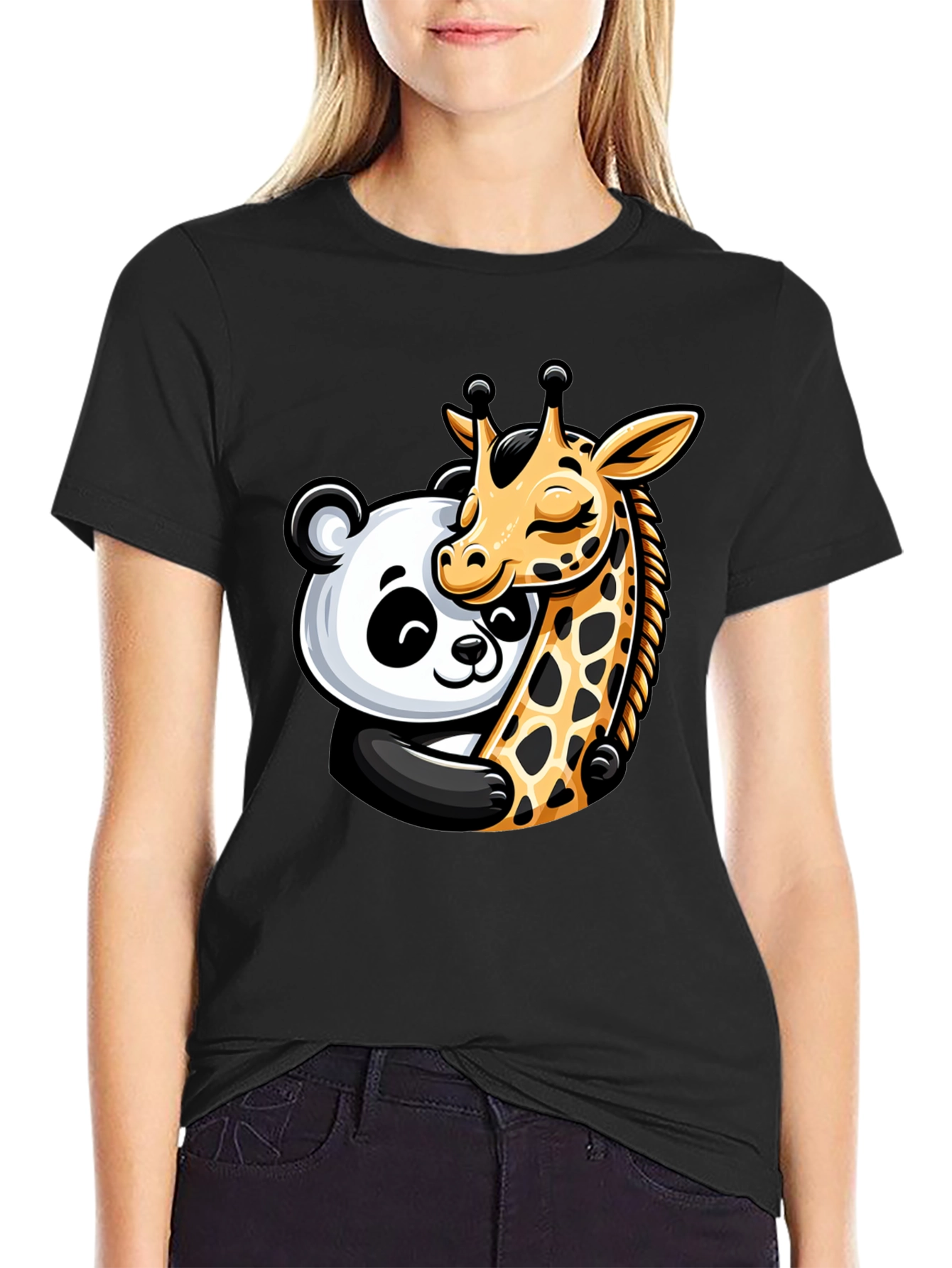 Cute Panda & Giraffe Hug Graphic T-Shirt