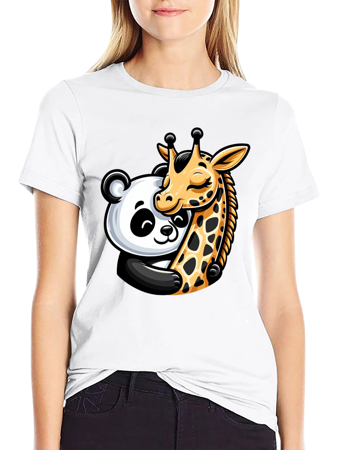Cute Panda & Giraffe Hug Graphic T-Shirt