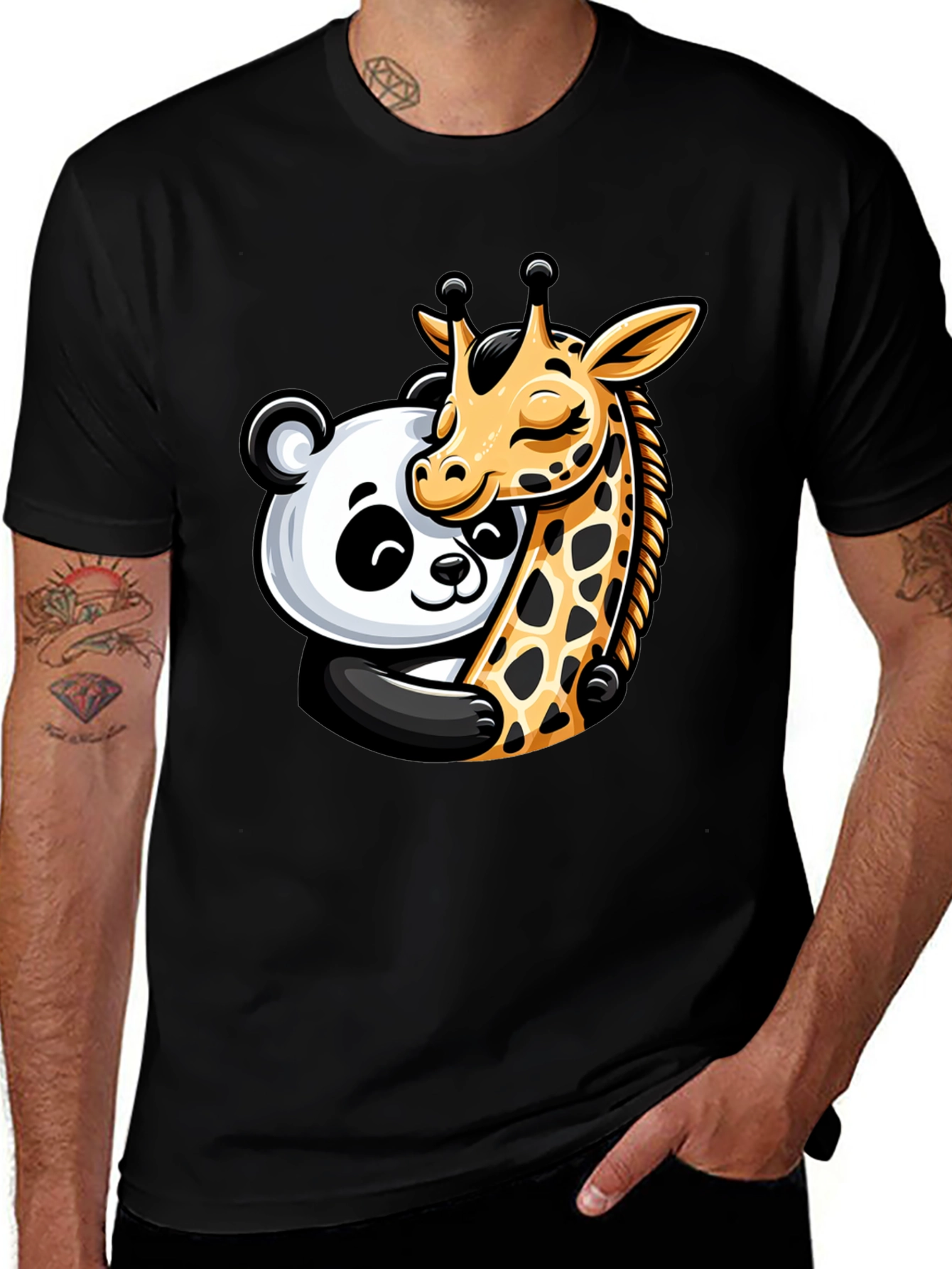 Cute Panda & Giraffe Hug Graphic T-Shirt