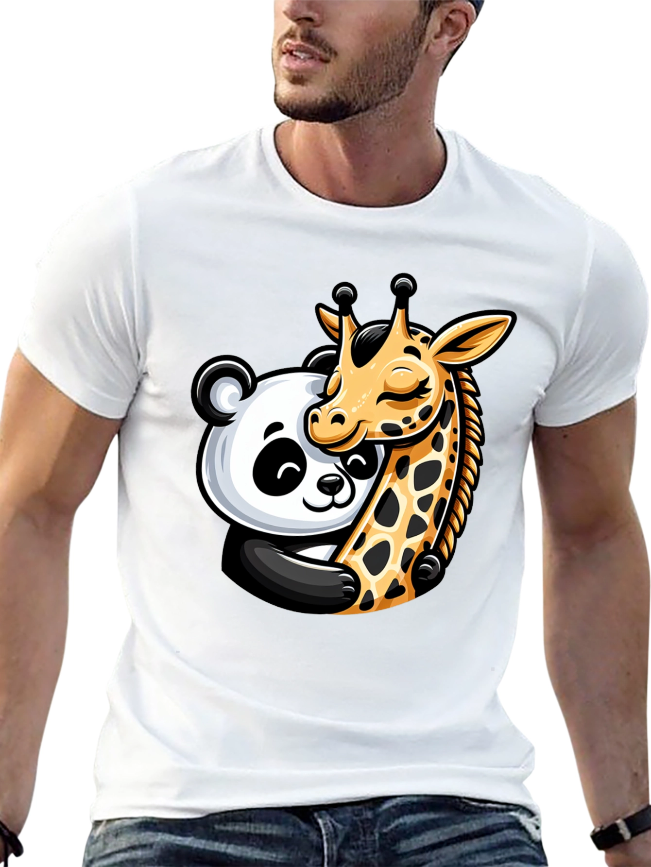 Cute Panda & Giraffe Hug Graphic T-Shirt