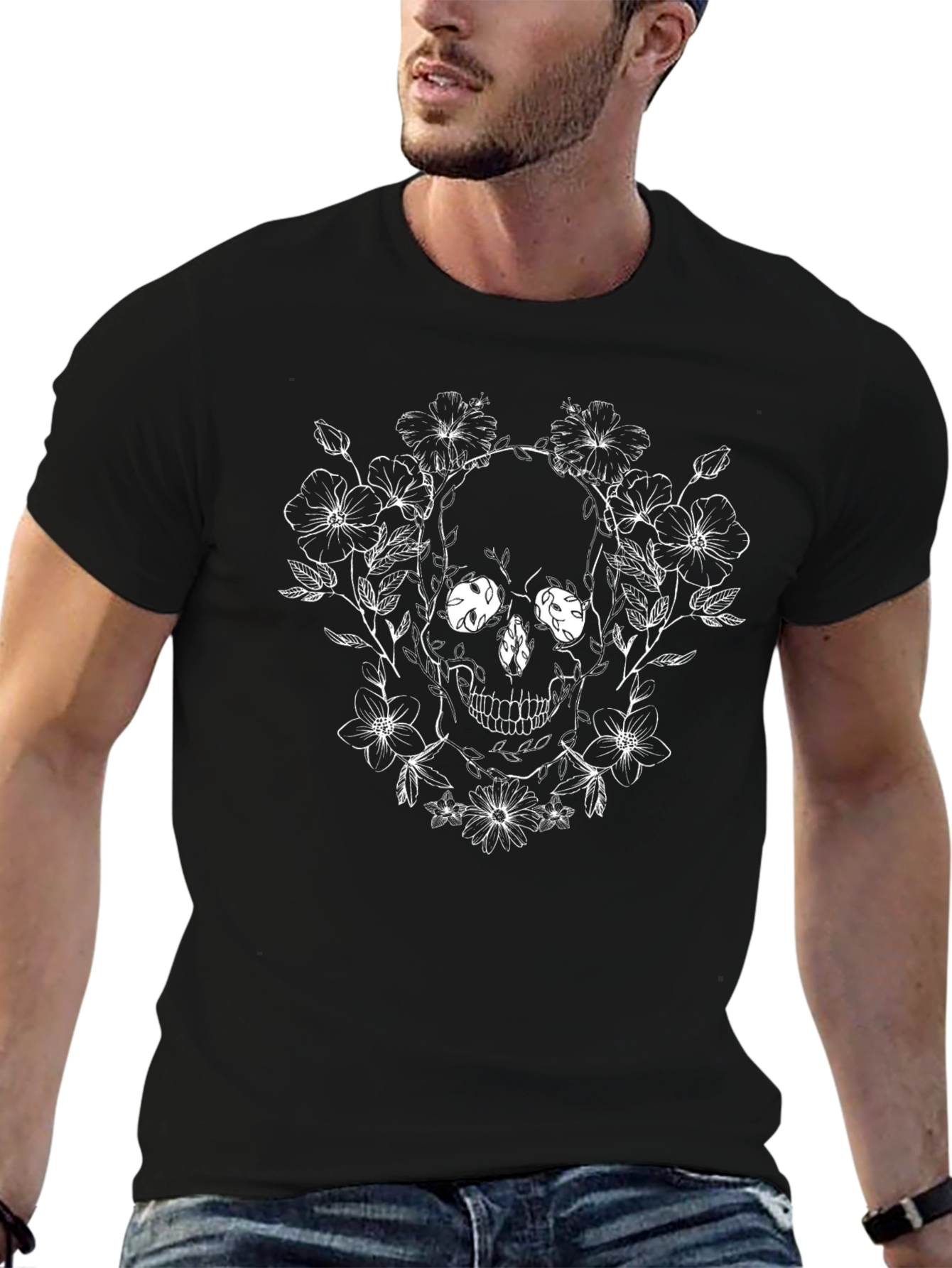 Skull & Floral Graphic Tee - Black