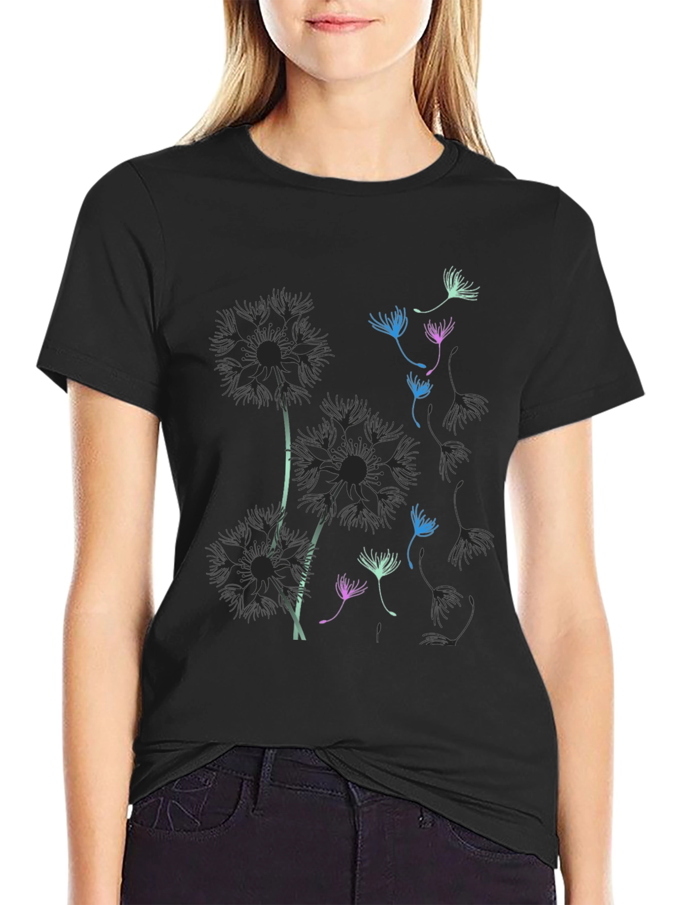 Dandelion Graphic Print Black T-Shirt