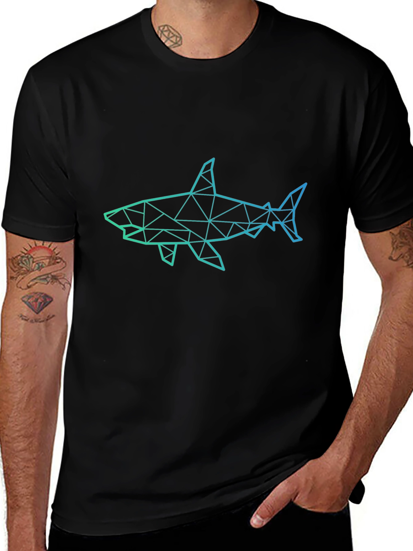 Geometric Shark Graphic Print Black T-Shirt