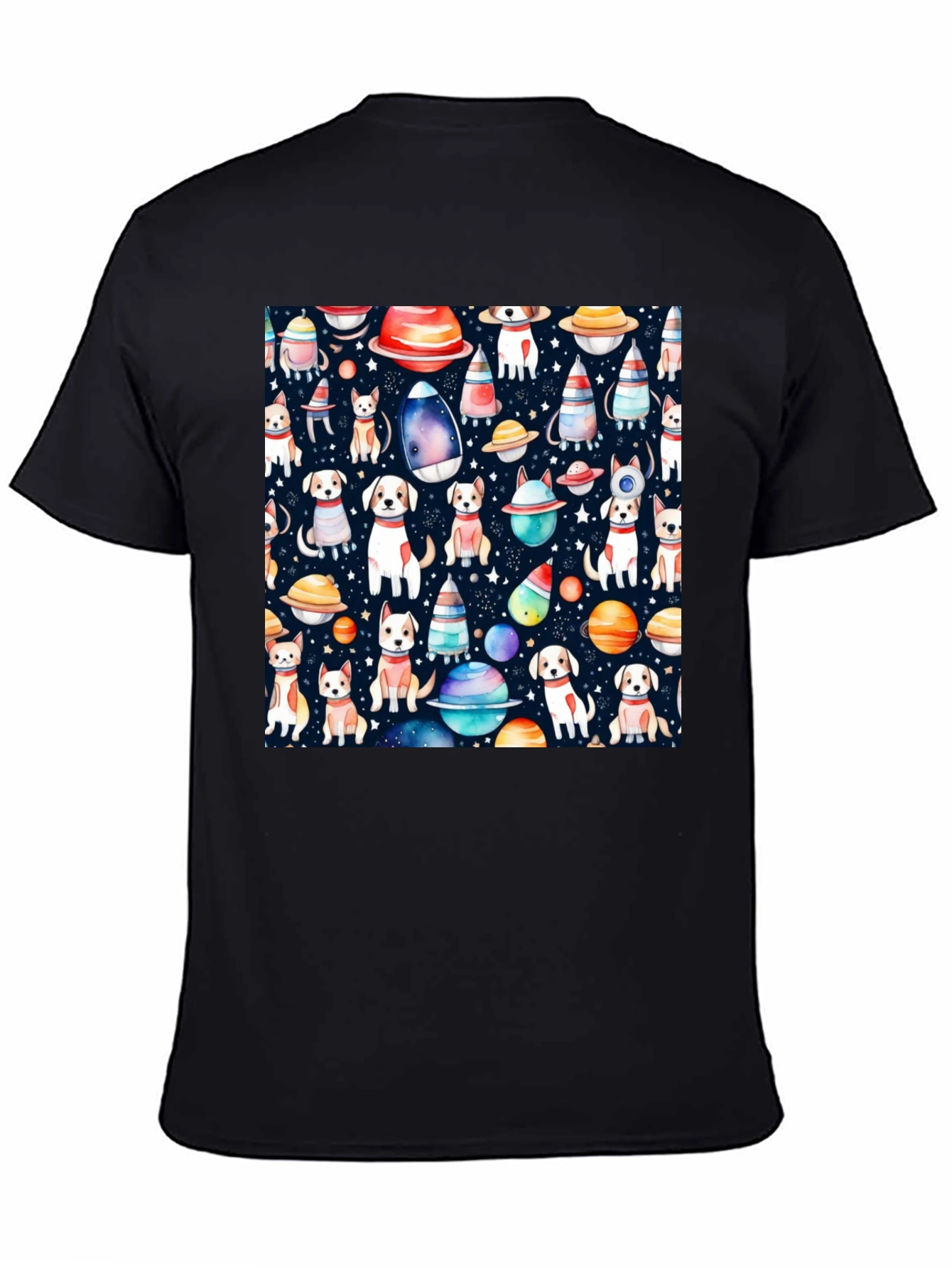 Dog & Planet Pattern Black T-Shirt