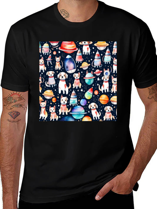Dog & Planet Pattern Black T-Shirt