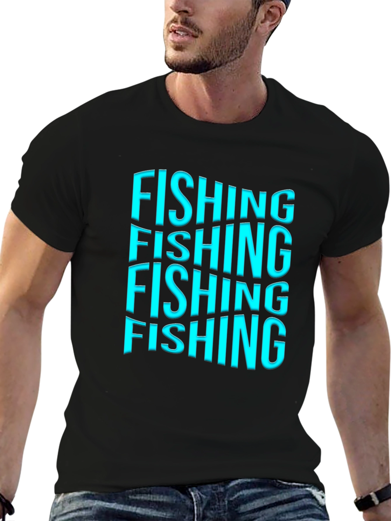 Fishing Text Graphic Print Black T-Shirt