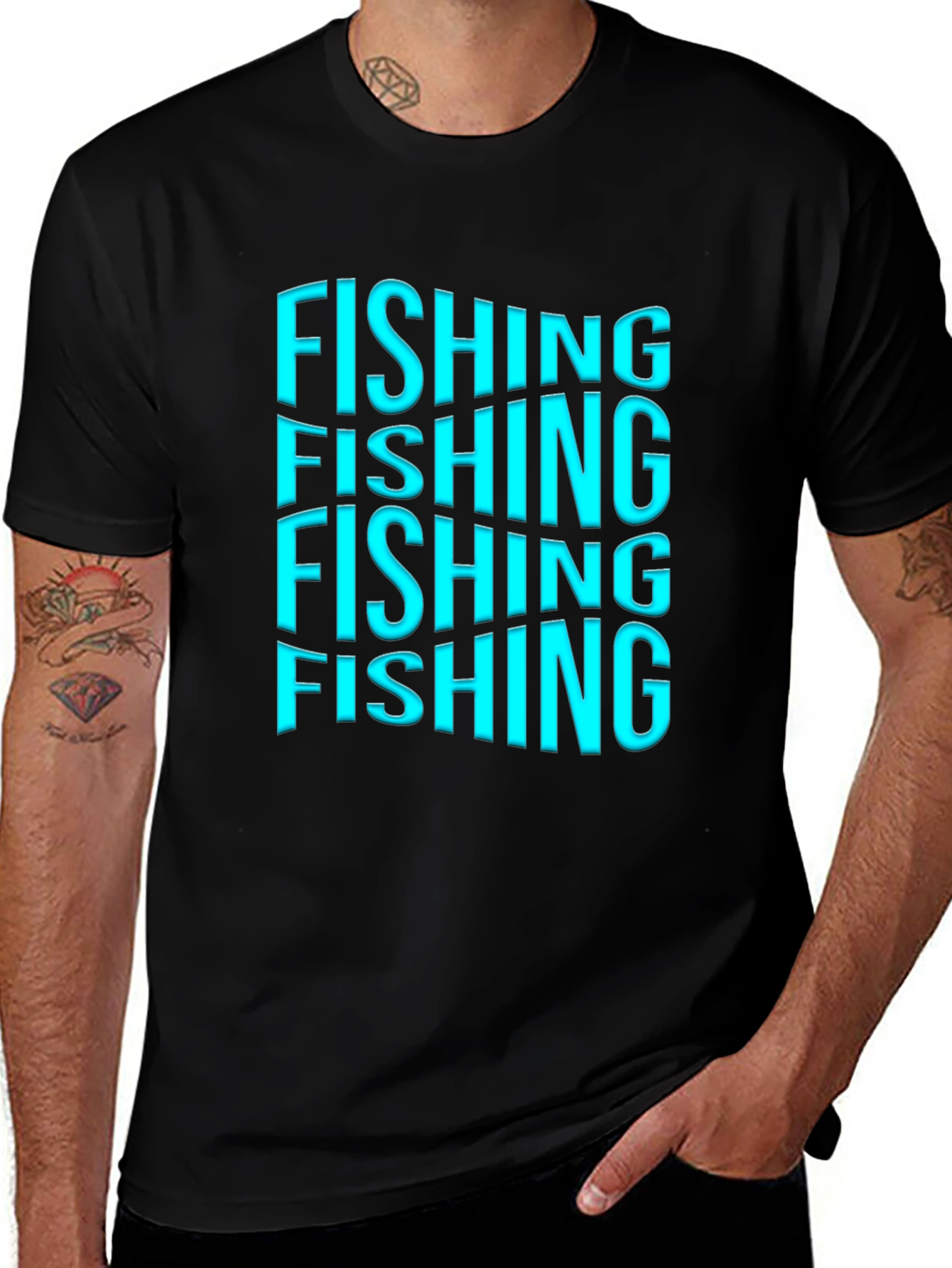 Fishing Text Graphic Print Black T-Shirt