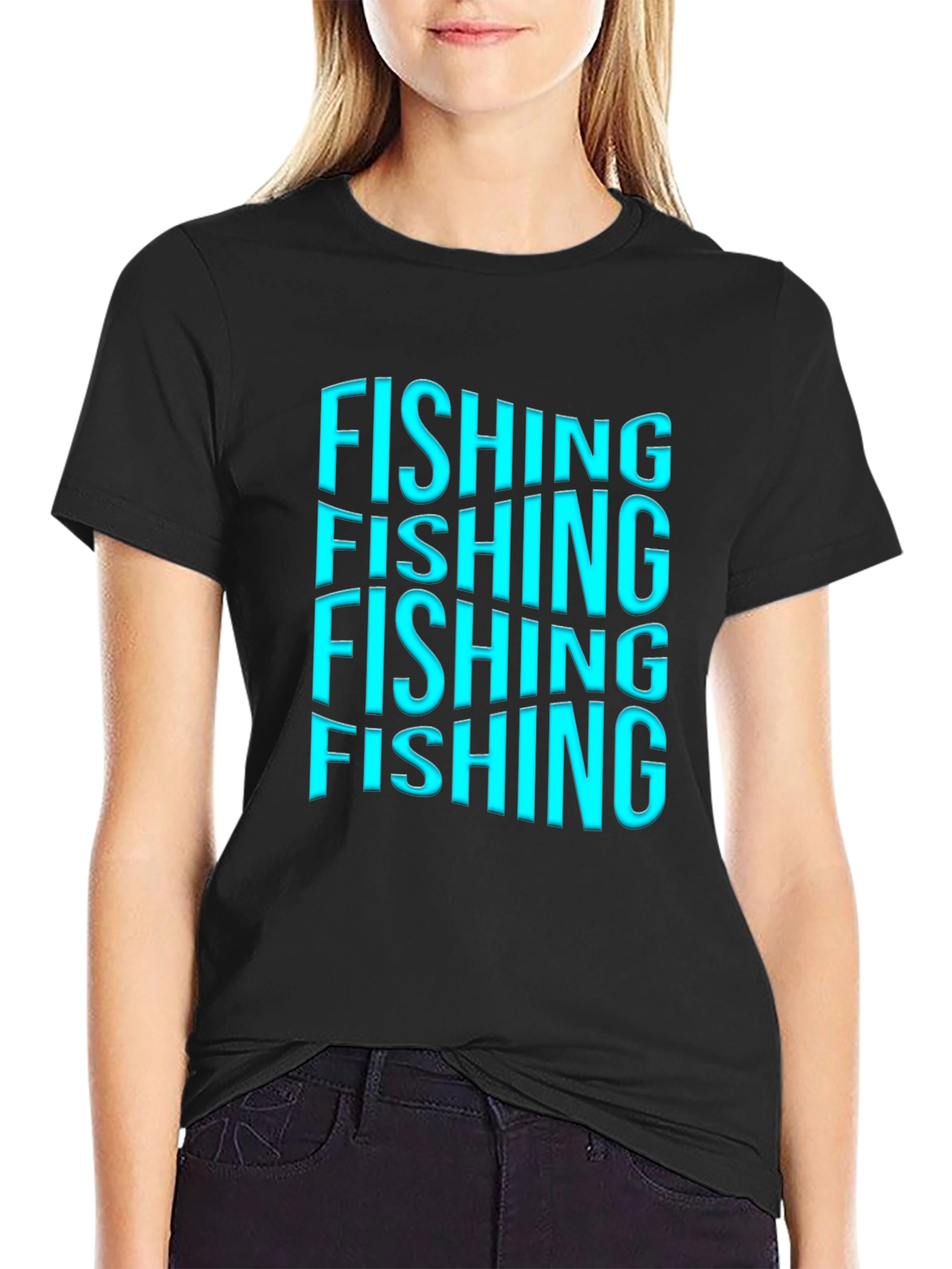 Fishing Text Graphic Print Black T-Shirt