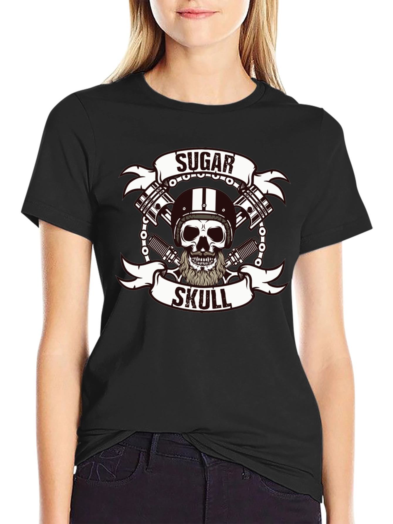 Sugar Skull Biker T-Shirt - Black