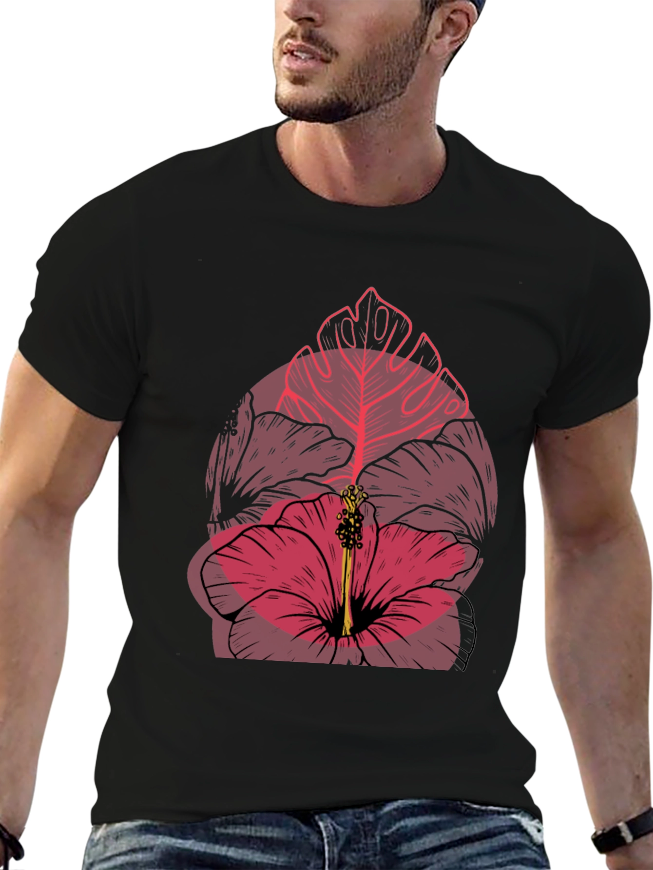 Tropical Flower Graphic Mens Black T-Shirt