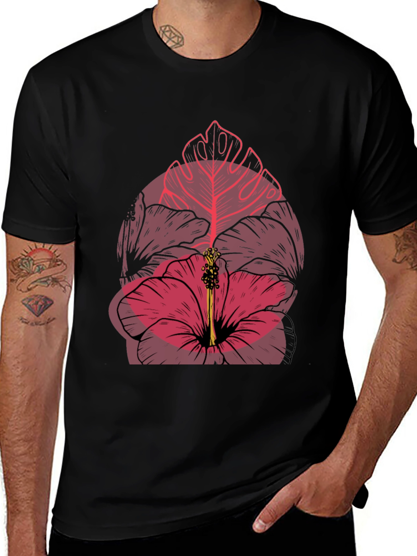 Tropical Flower Graphic Mens Black T-Shirt