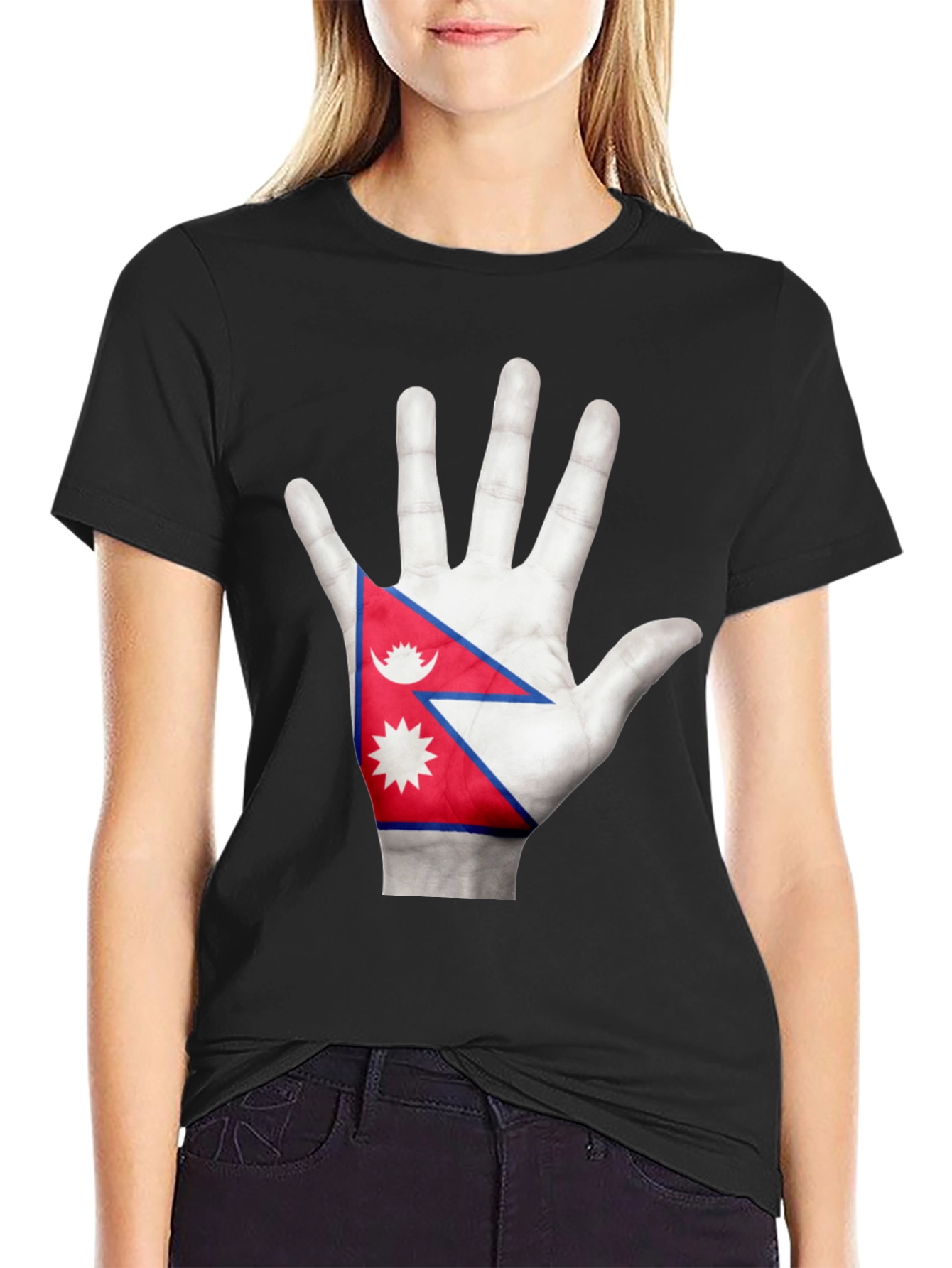 Nepal Flag Hand Graphic Black T-Shirt