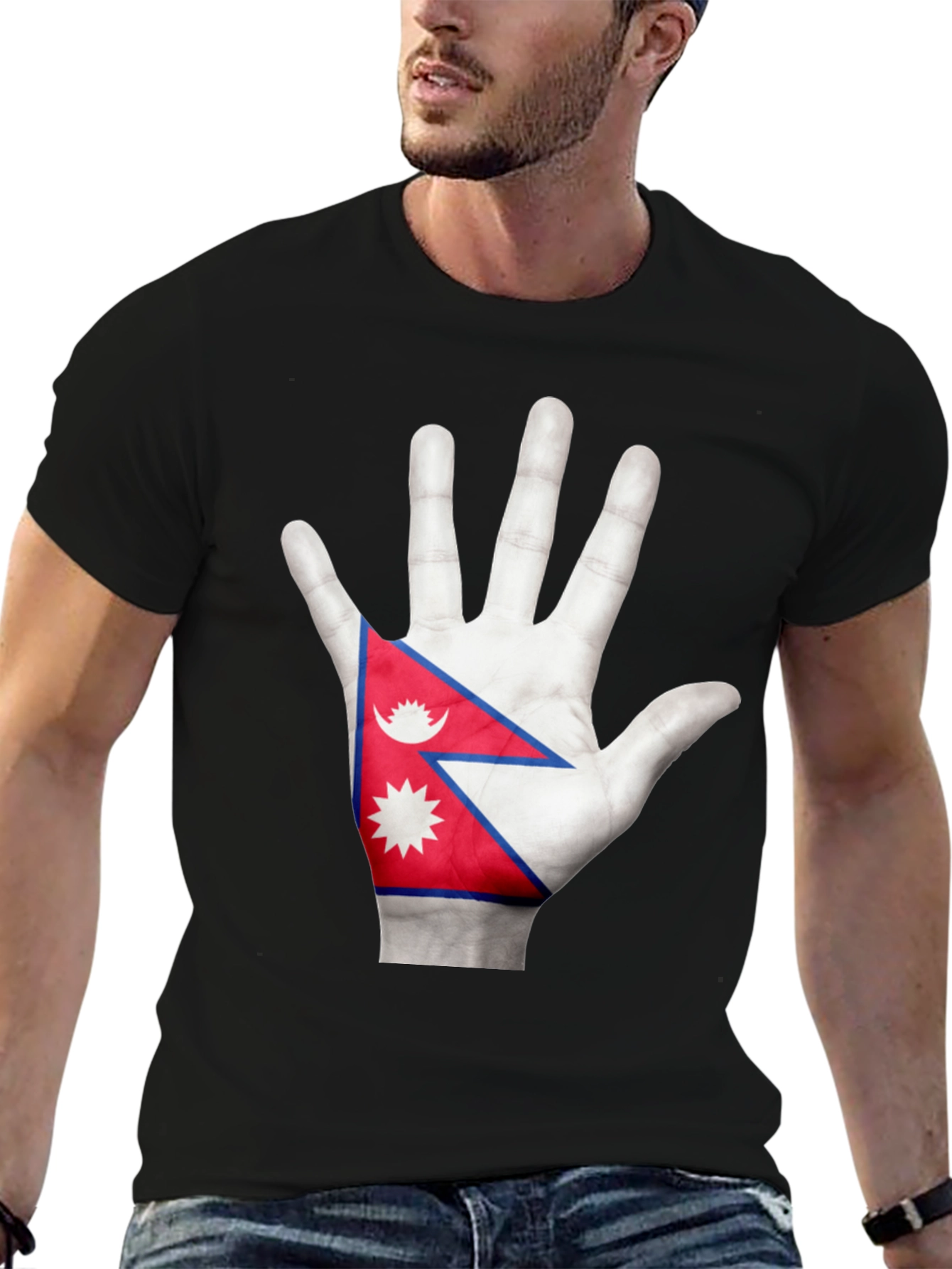 Nepal Flag Hand Graphic Black T-Shirt