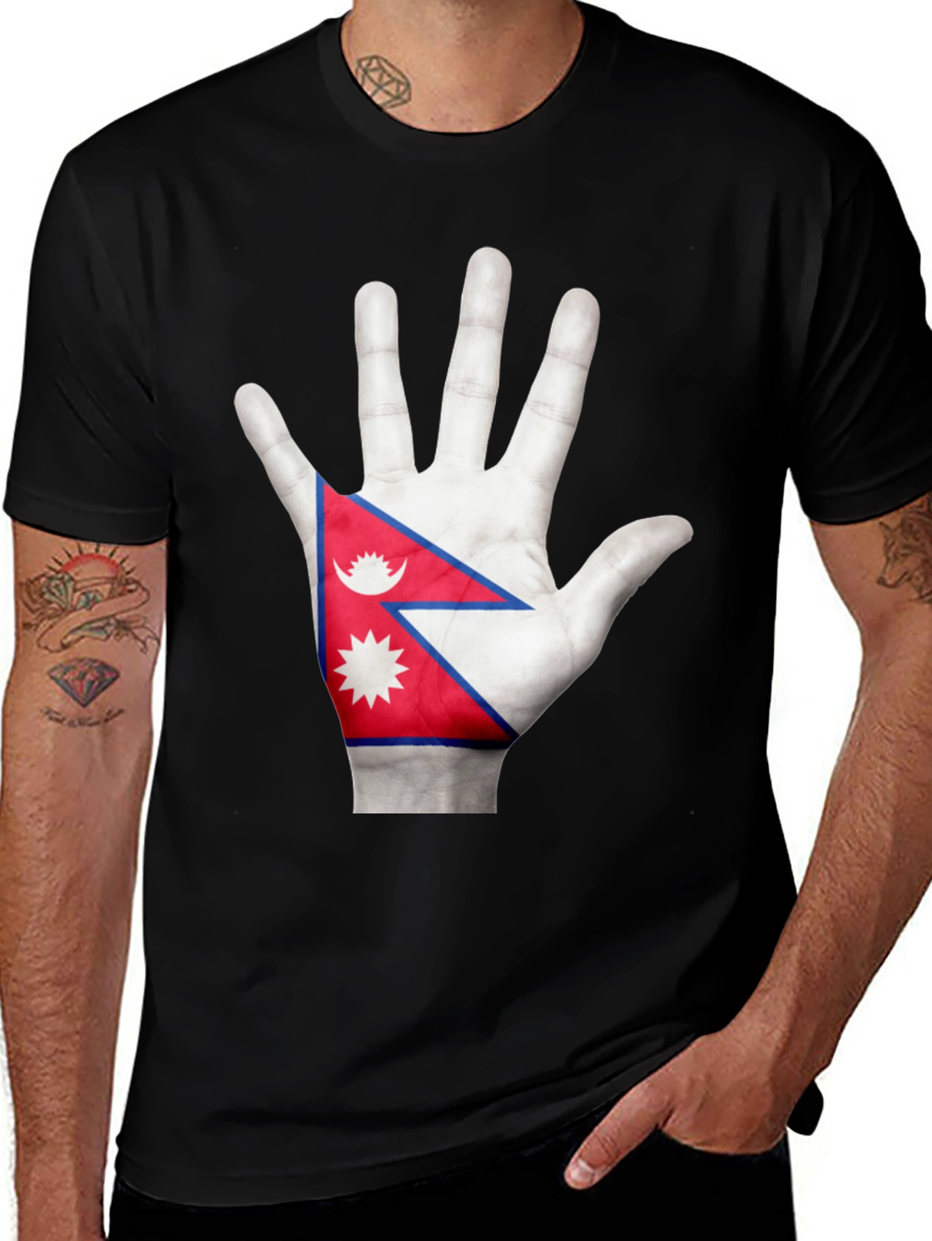 Nepal Flag Hand Graphic Black T-Shirt