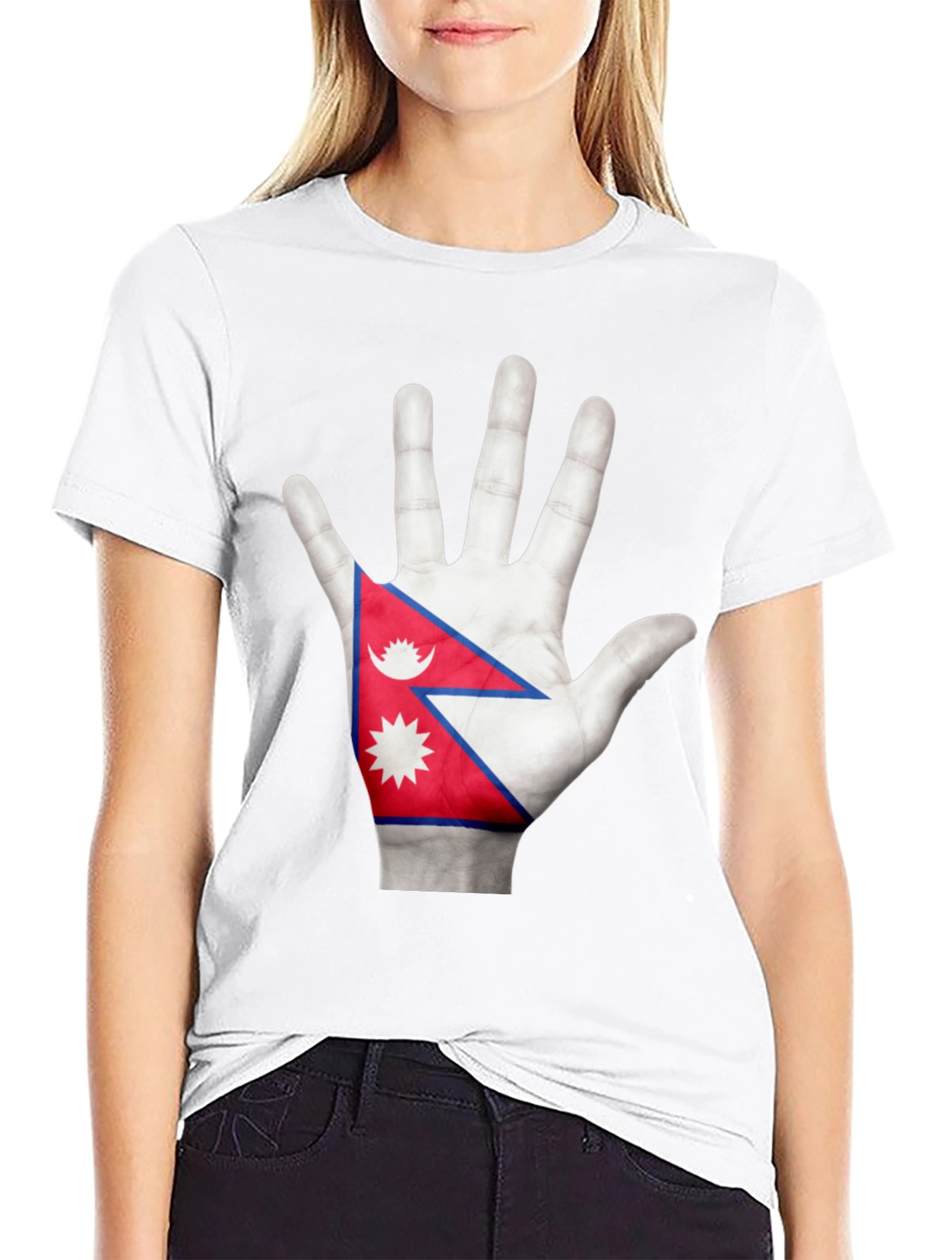 Nepal Flag Hand Graphic Black T-Shirt