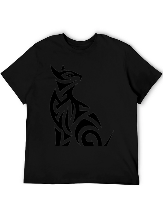 Tribal Cat Graphic Tee - Stylish Black T-Shirt