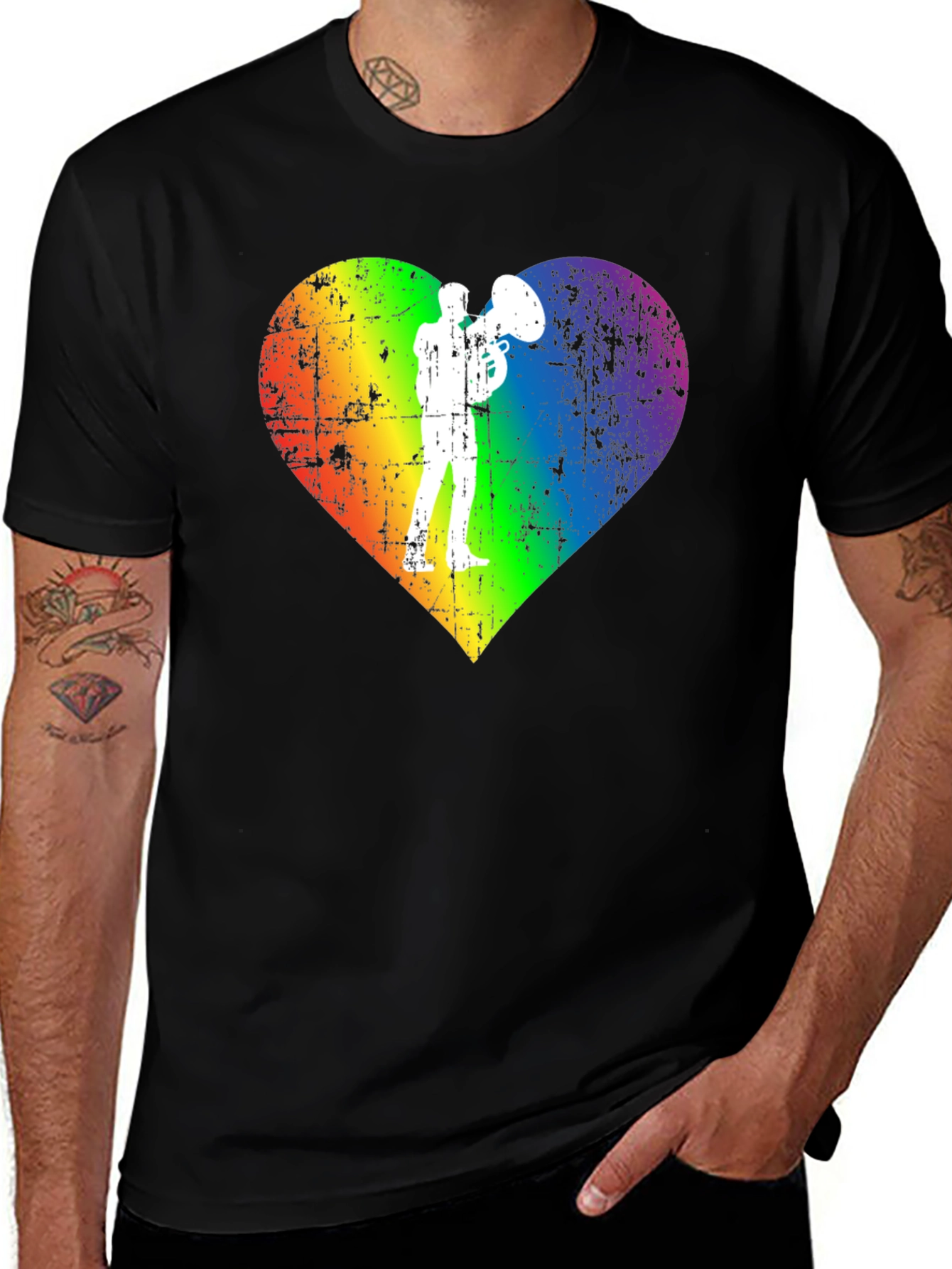 Rainbow Heart Tuba Player Black T-Shirt