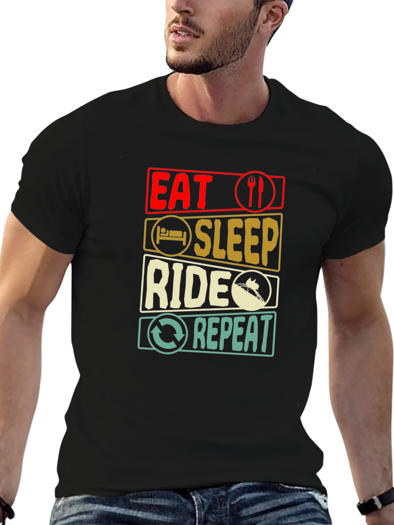 Eat Sleep Ride Repeat T-Shirt - Black Cotton Tee