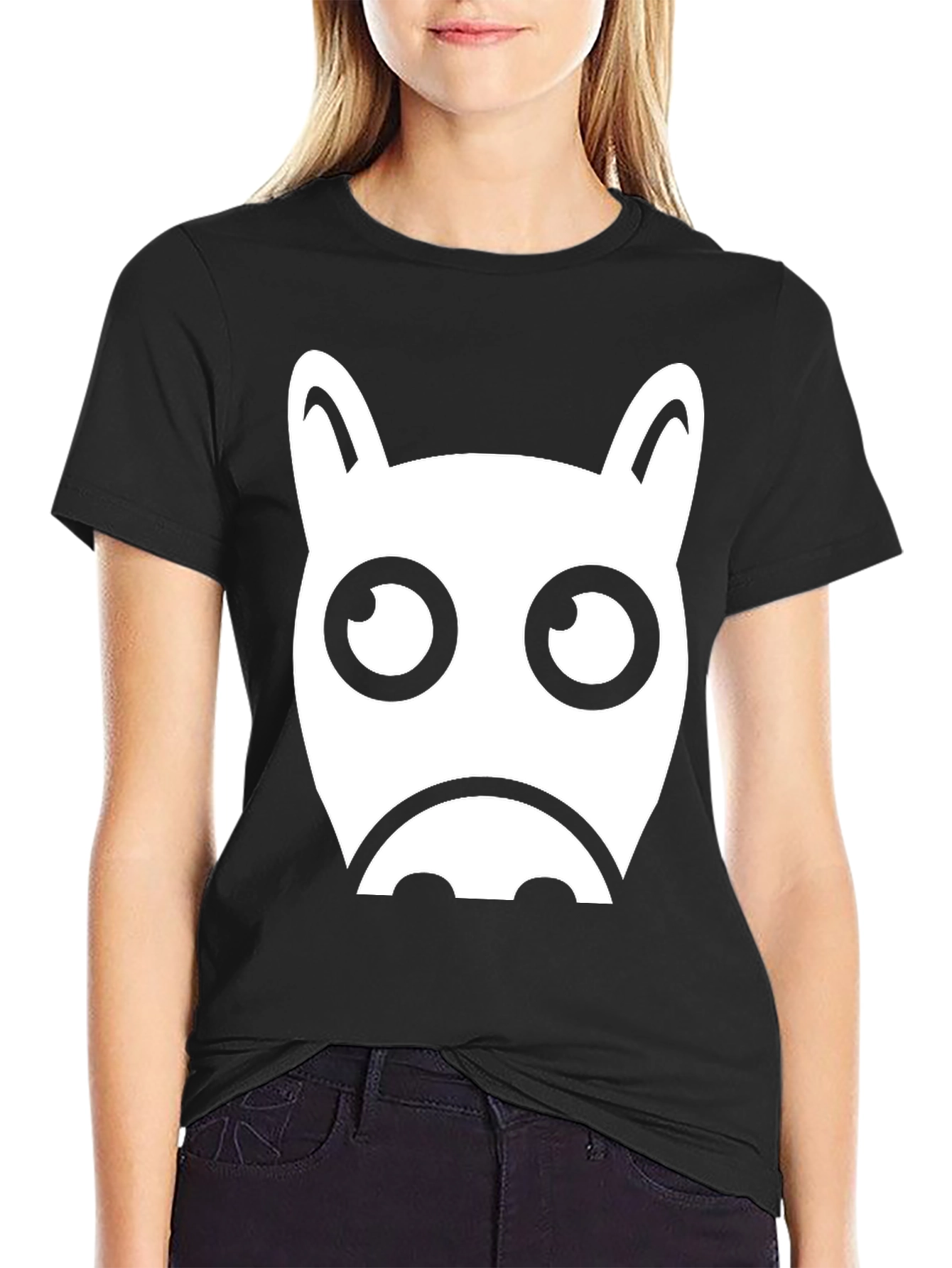 Funny Cartoon Animal Face Graphic Black T-Shirt
