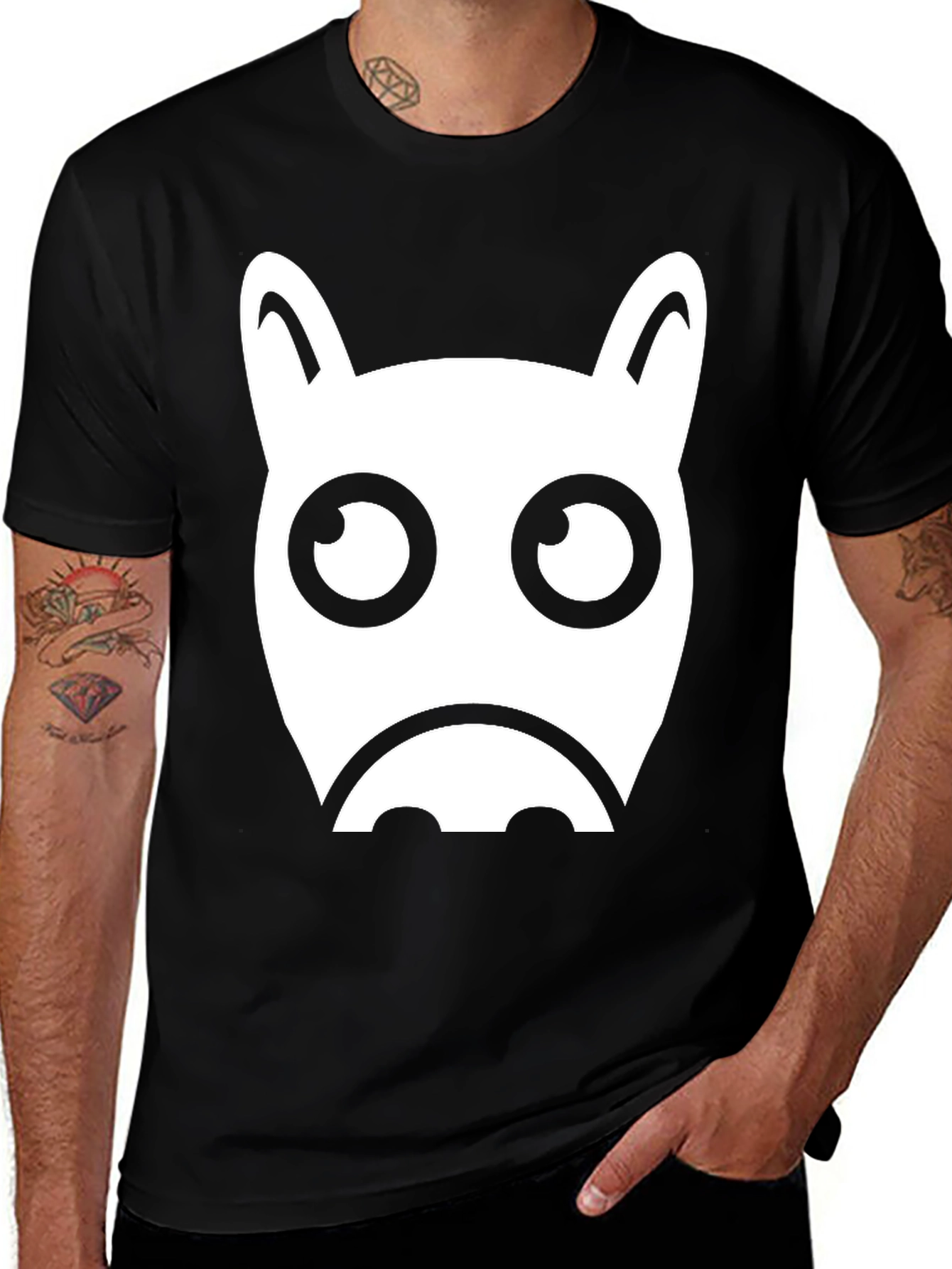 Funny Cartoon Animal Face Graphic Black T-Shirt