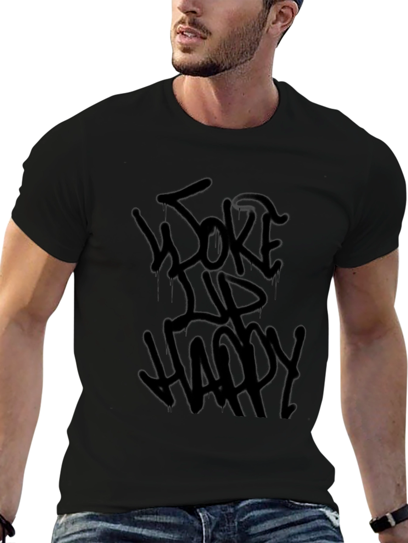 Woke Up Happy Graphic Tee - Black Cotton T-Shirt