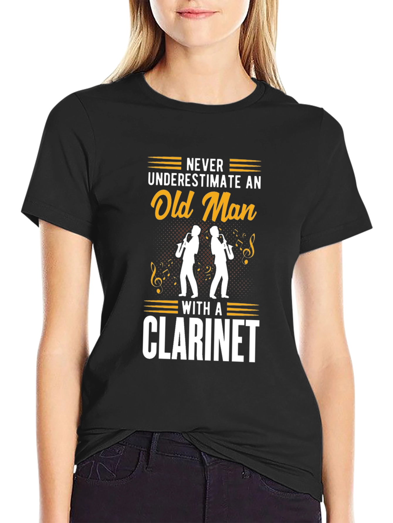 Never Underestimate Old Man Clarinet Black T-Shirt
