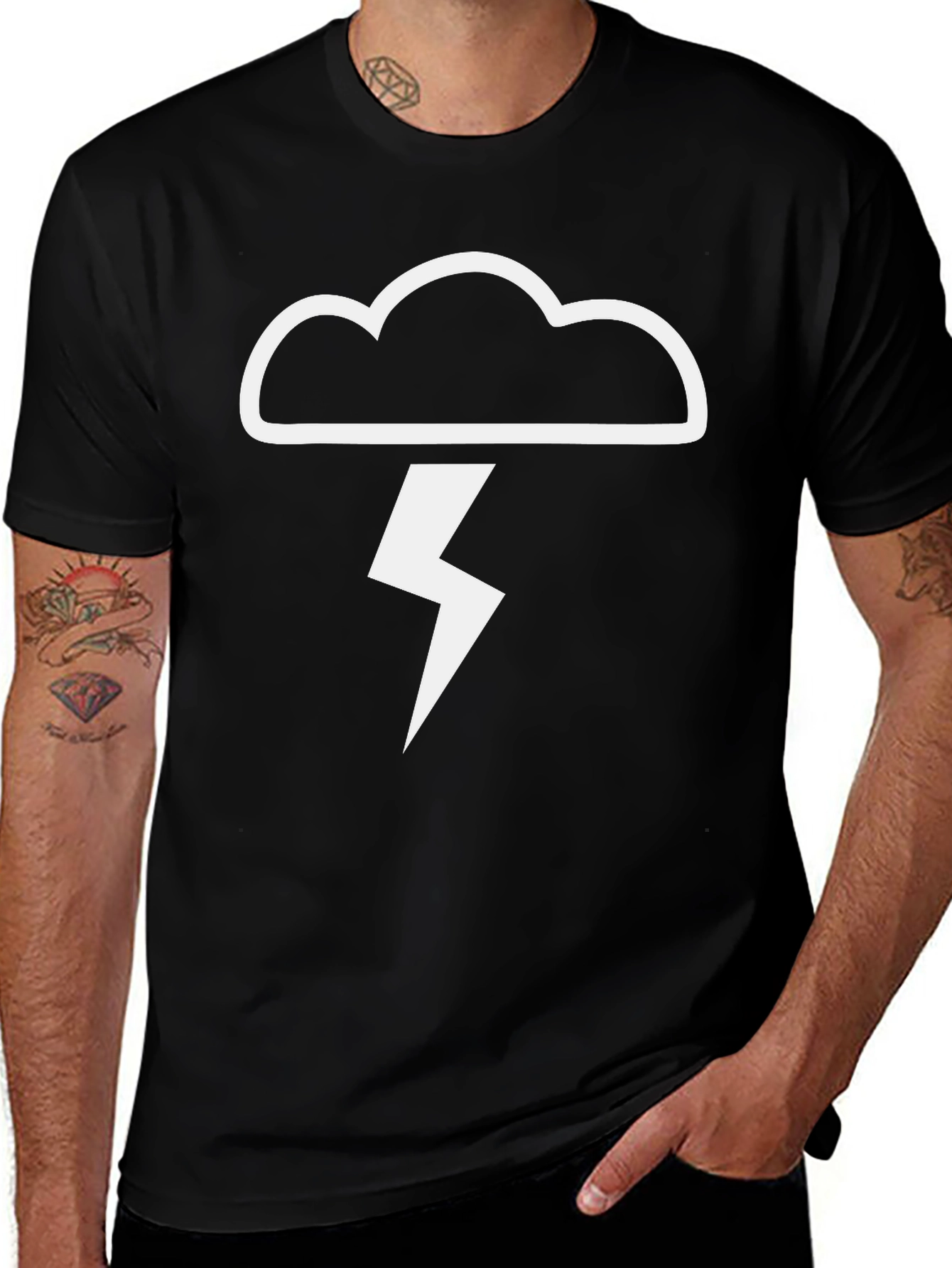 Black T-Shirt - Cloud & Lightning Bolt Design