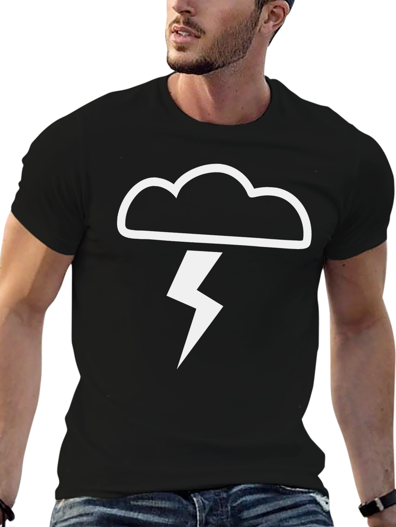 Black T-Shirt - Cloud & Lightning Bolt Design