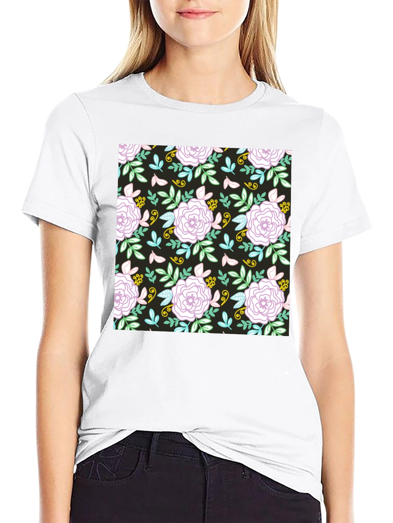 Floral Pattern Graphic Tee - Black