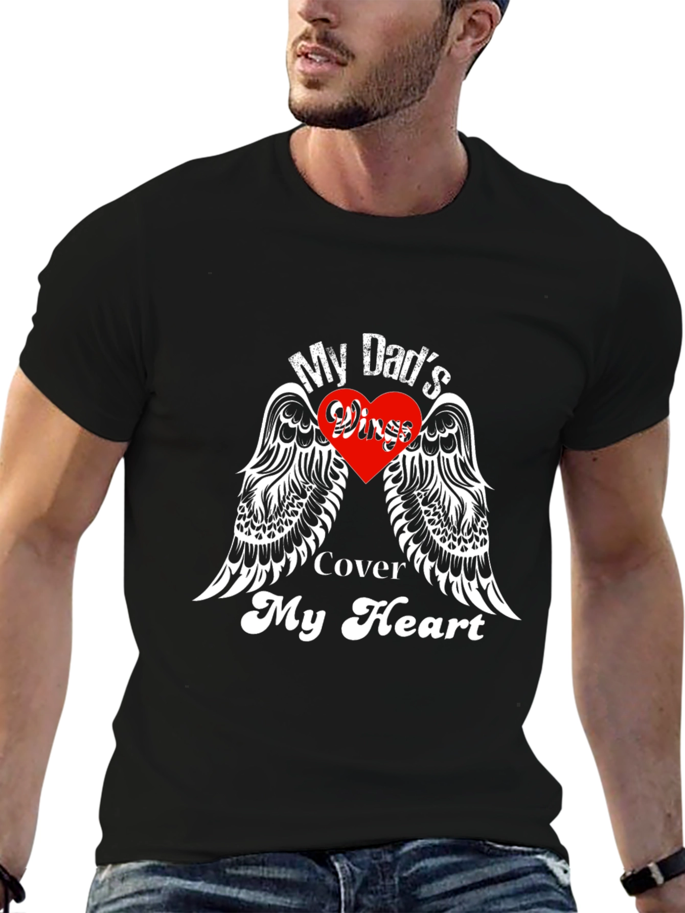 My Dads Wings Cover My Heart Black T-Shirt