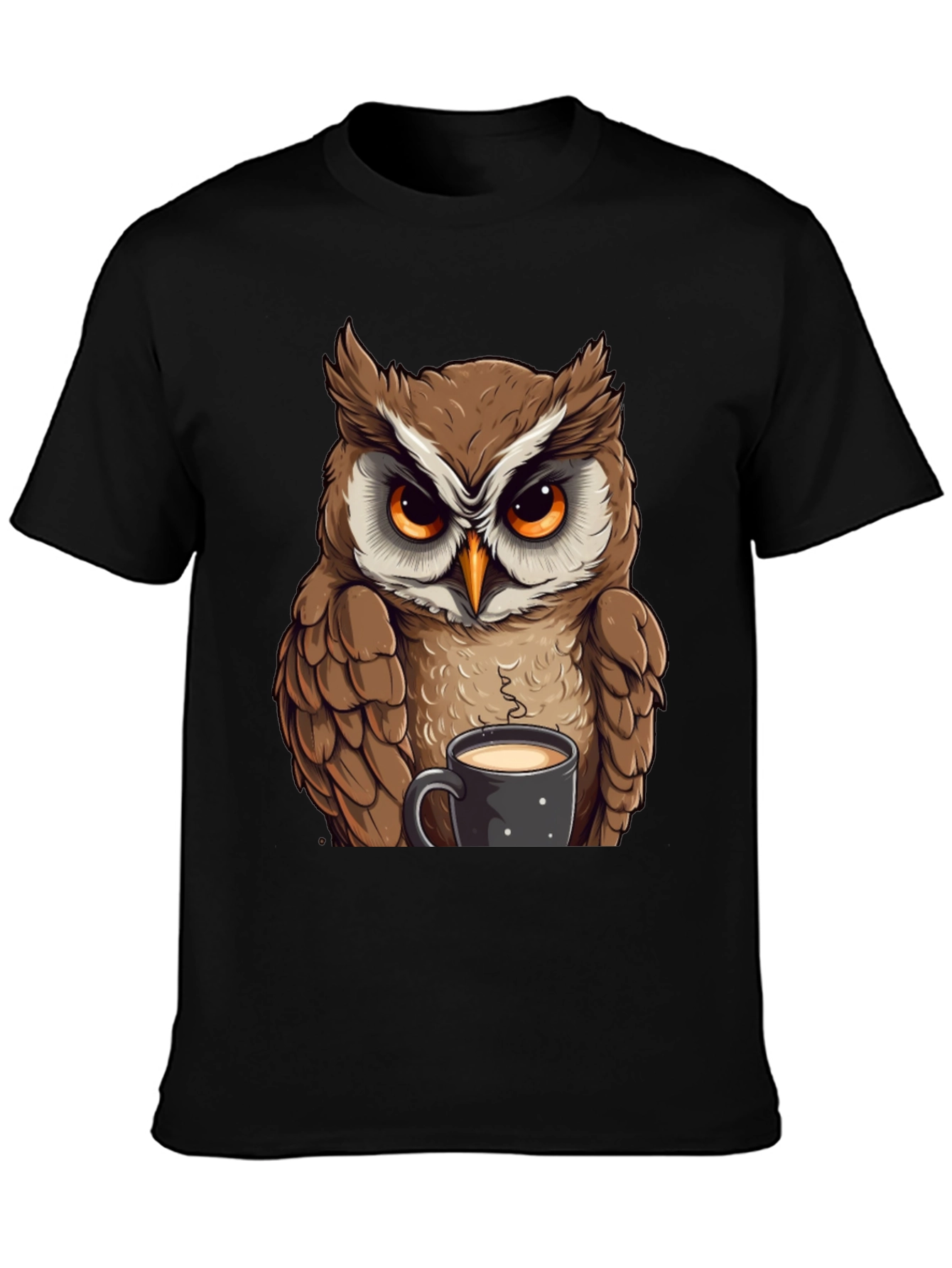 Owl With Coffee T-Shirt - Black Cotton Tee