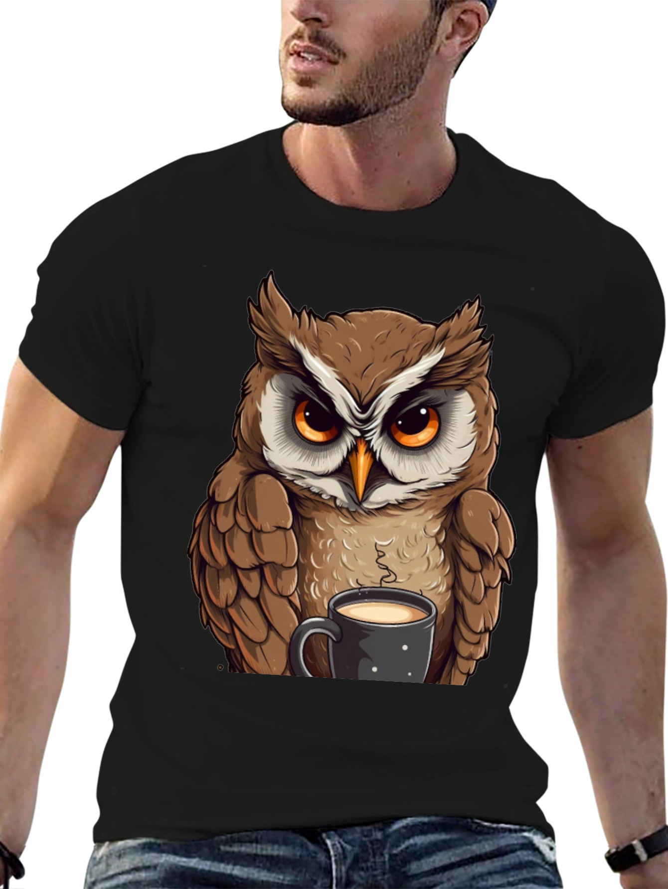 Owl With Coffee T-Shirt - Black Cotton Tee