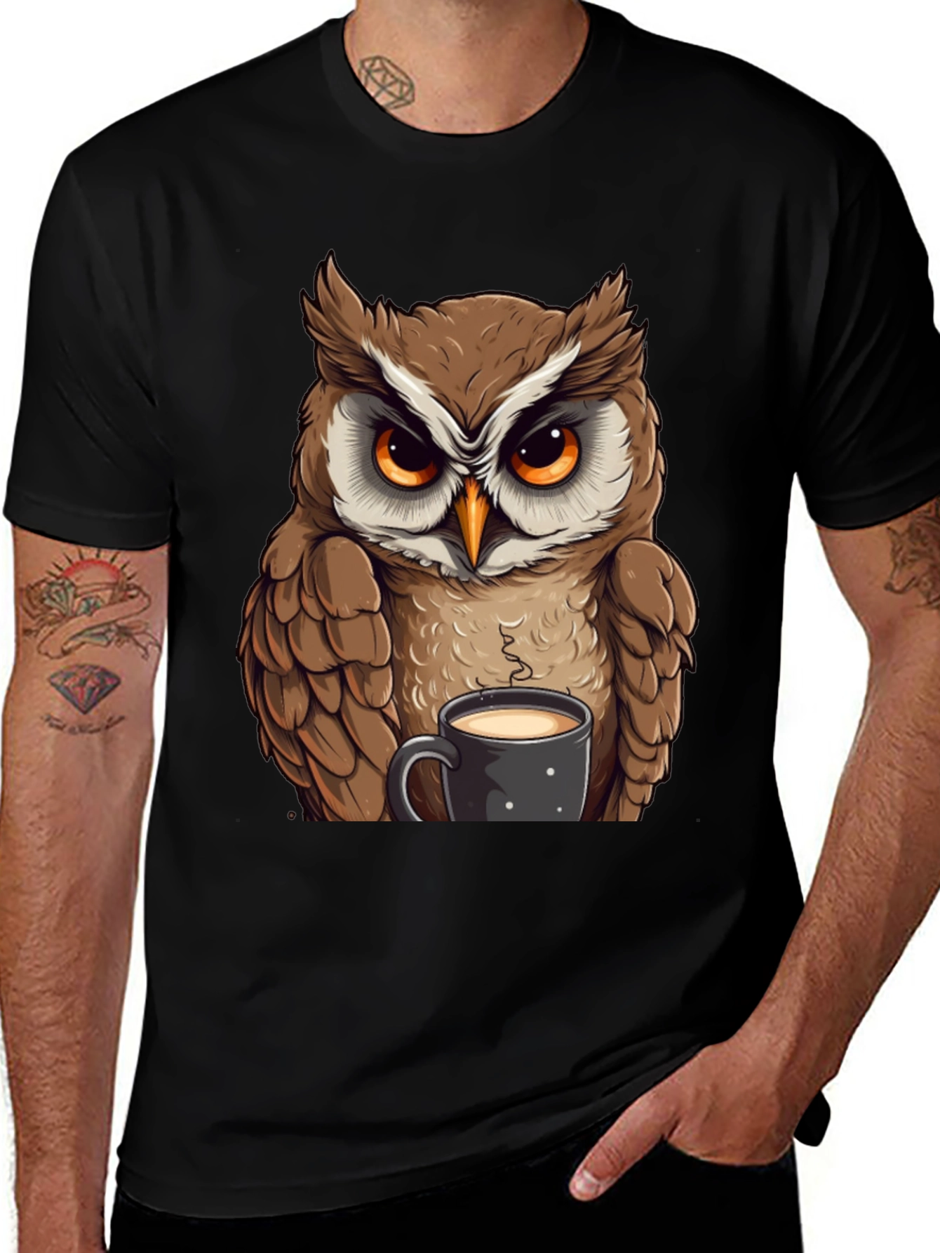 Owl With Coffee T-Shirt - Black Cotton Tee