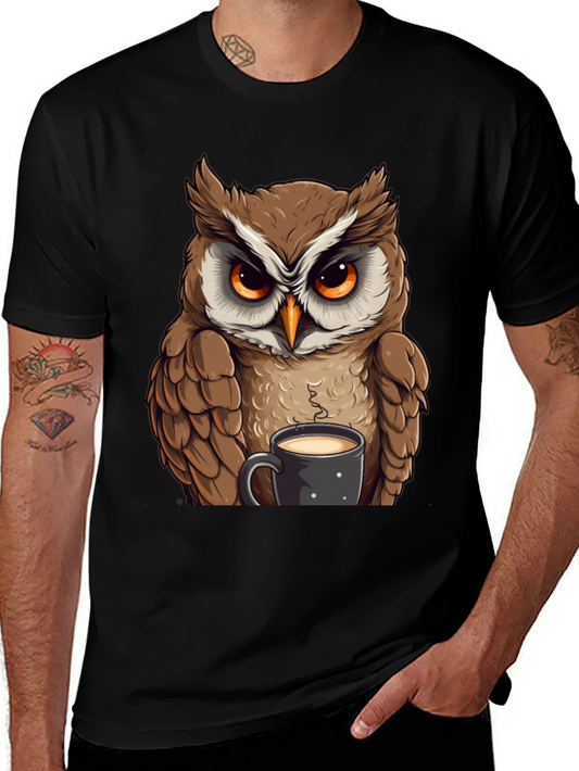 Owl With Coffee T-Shirt - Black Cotton Tee