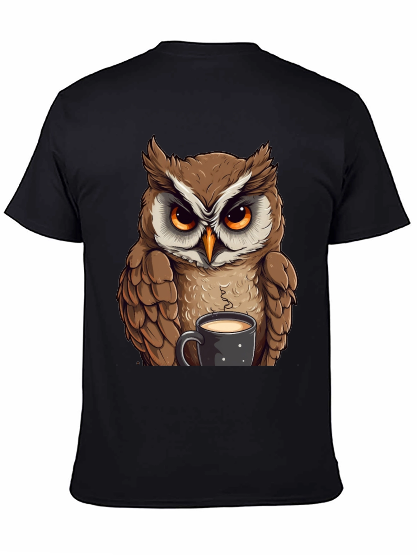 Owl With Coffee T-Shirt - Black Cotton Tee