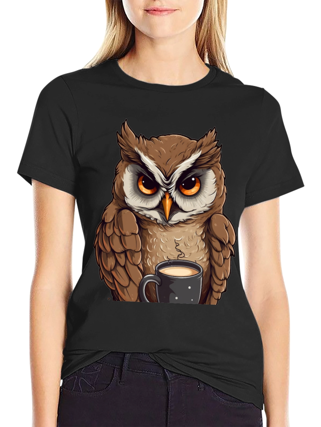 Owl With Coffee T-Shirt - Black Cotton Tee