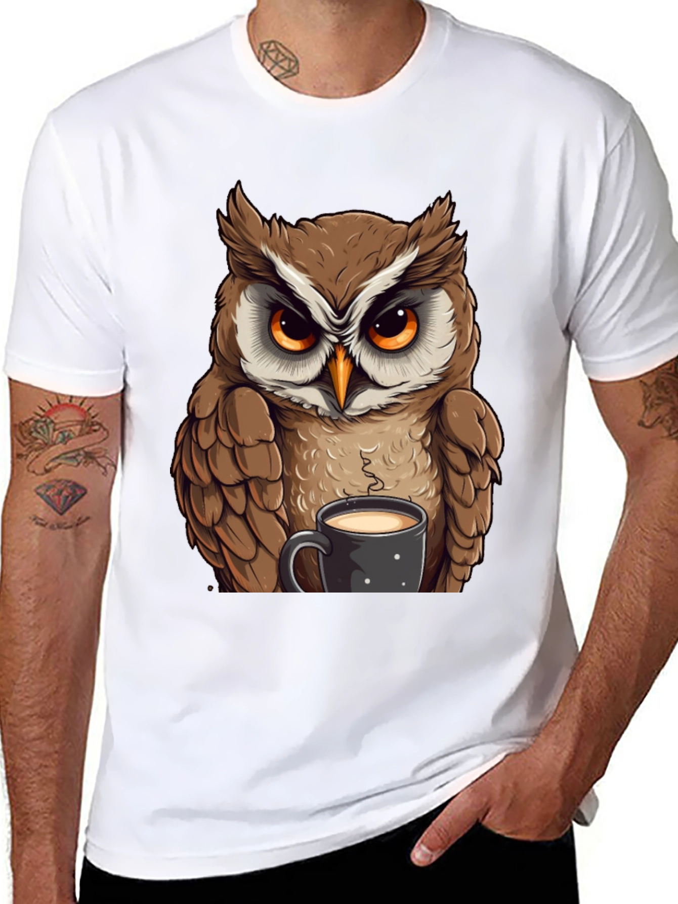 Owl With Coffee T-Shirt - Black Cotton Tee
