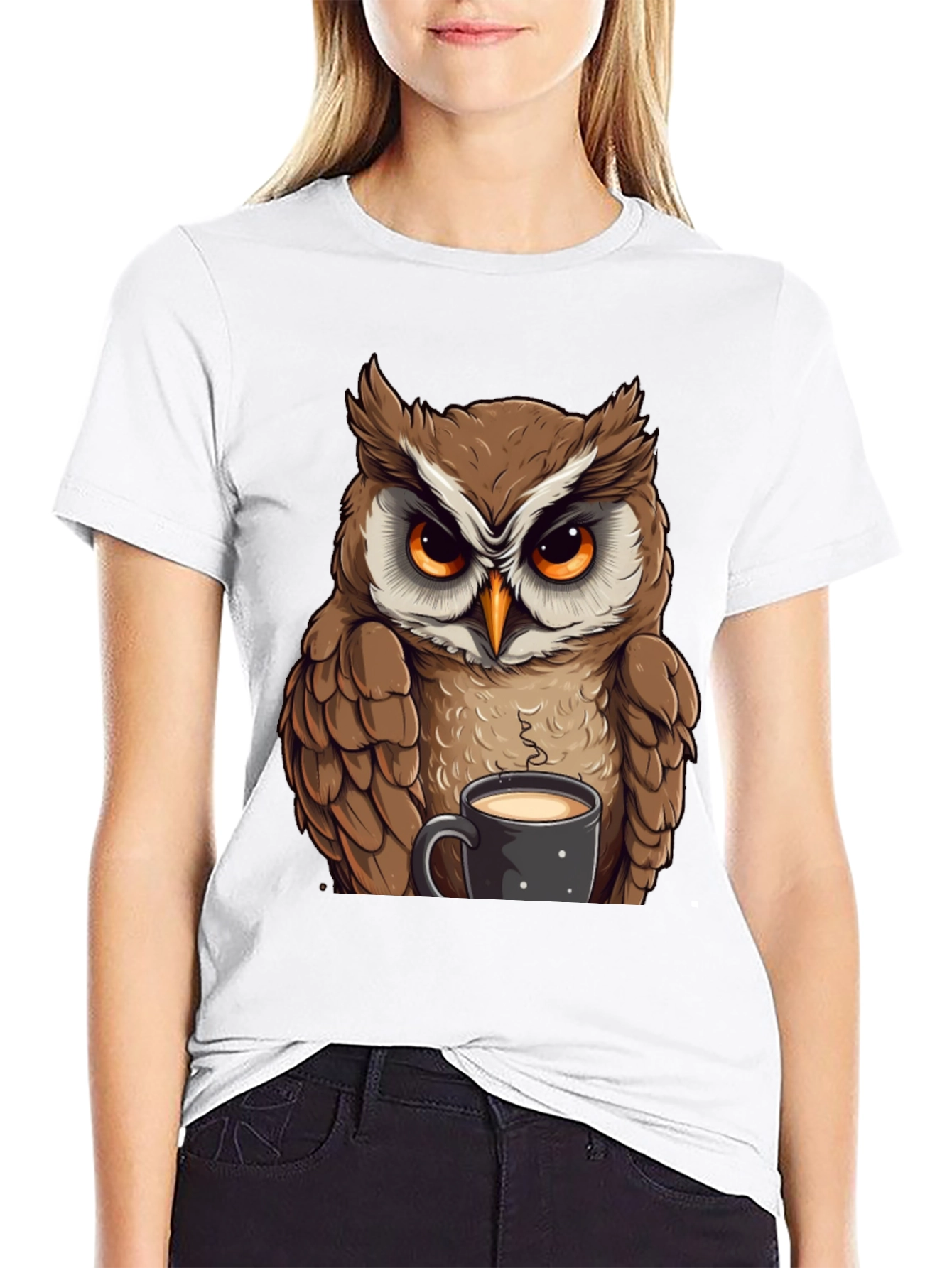 Owl With Coffee T-Shirt - Black Cotton Tee