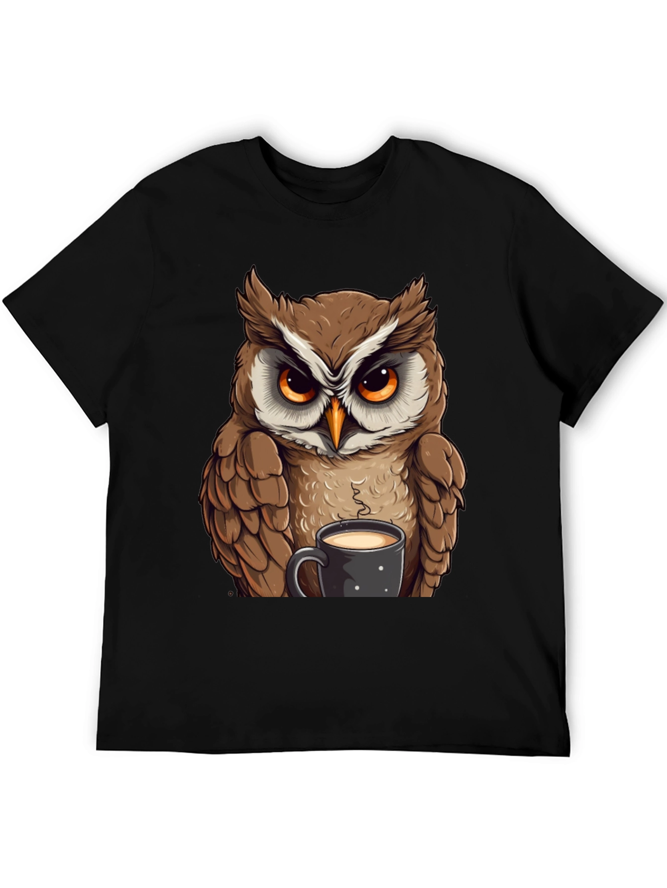 Owl With Coffee T-Shirt - Black Cotton Tee