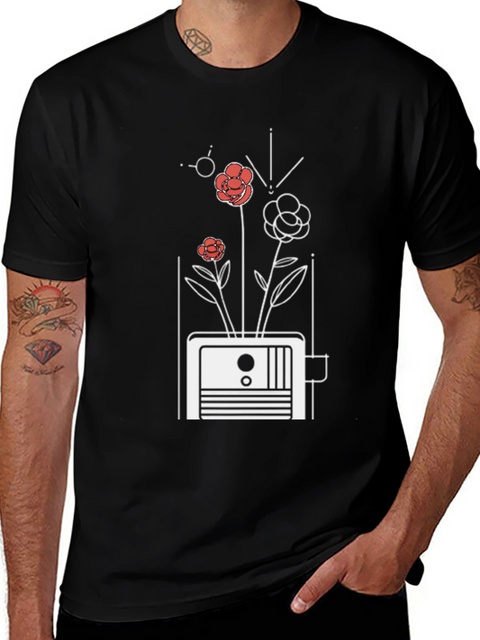 Retro TV Floral Graphic Tee - Stylish Black T-Shirt