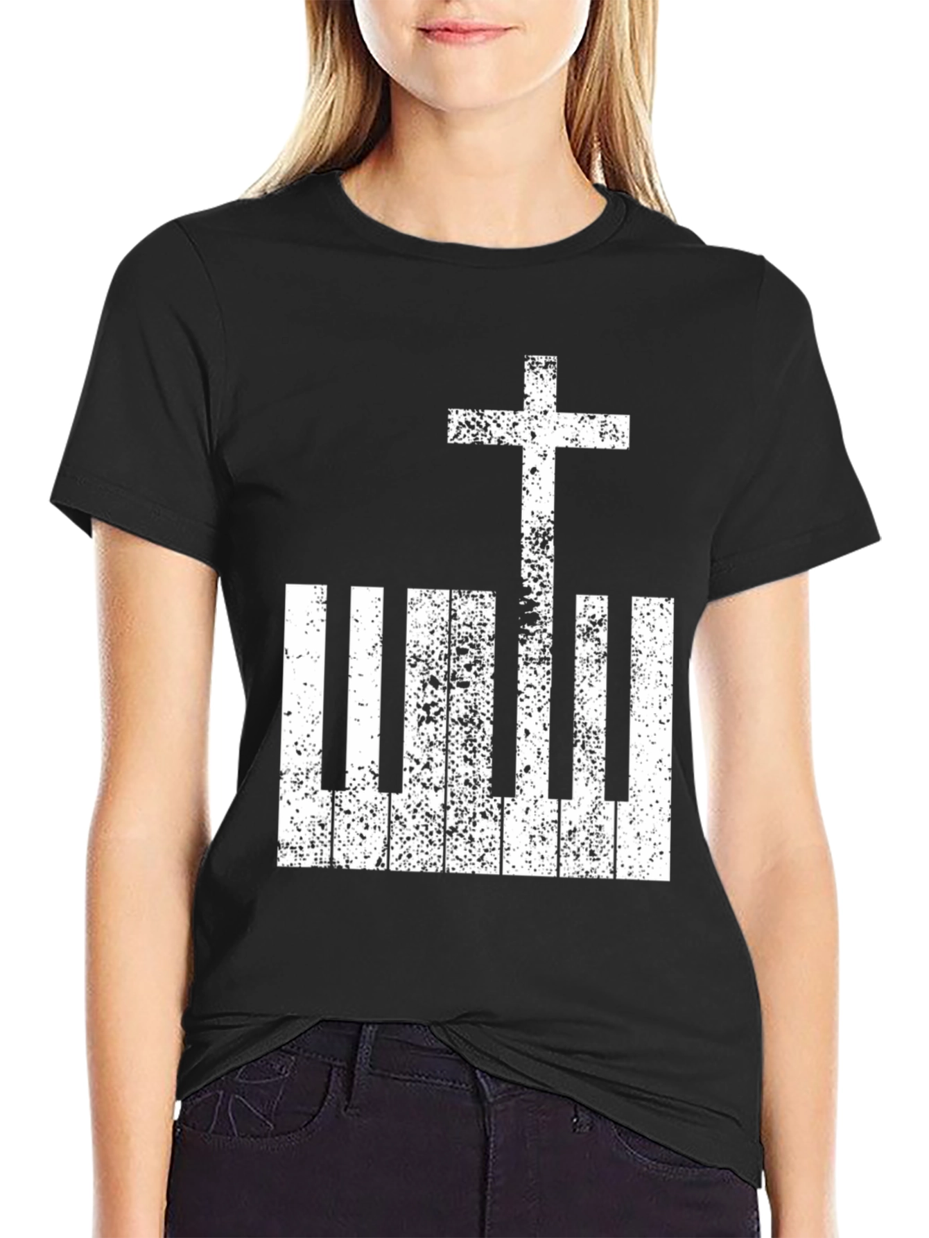 Piano Cross Graphic Tee - Musician Christian T-Shirt