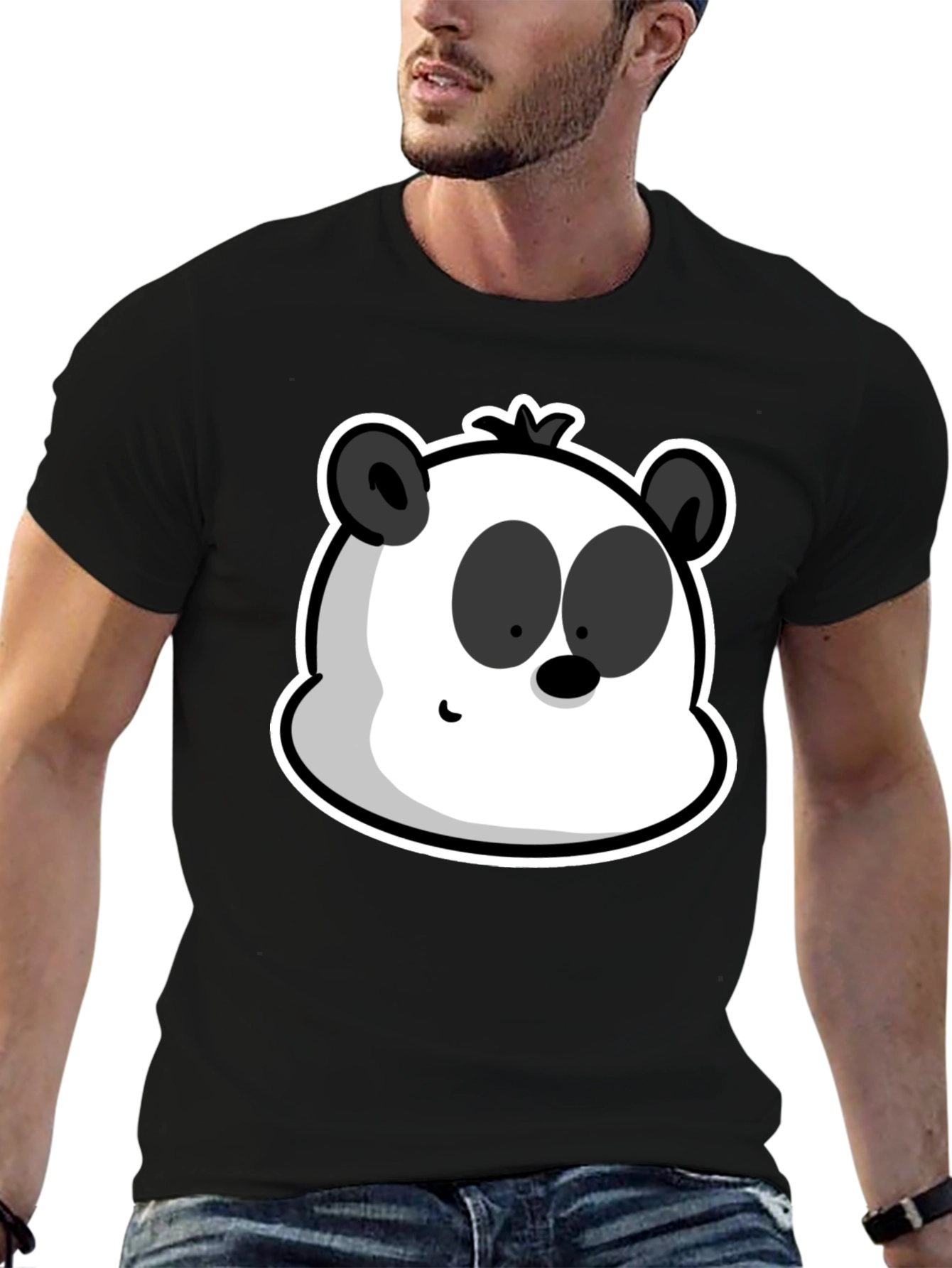 Cartoon Panda Graphic Tee - Black Cotton Blend