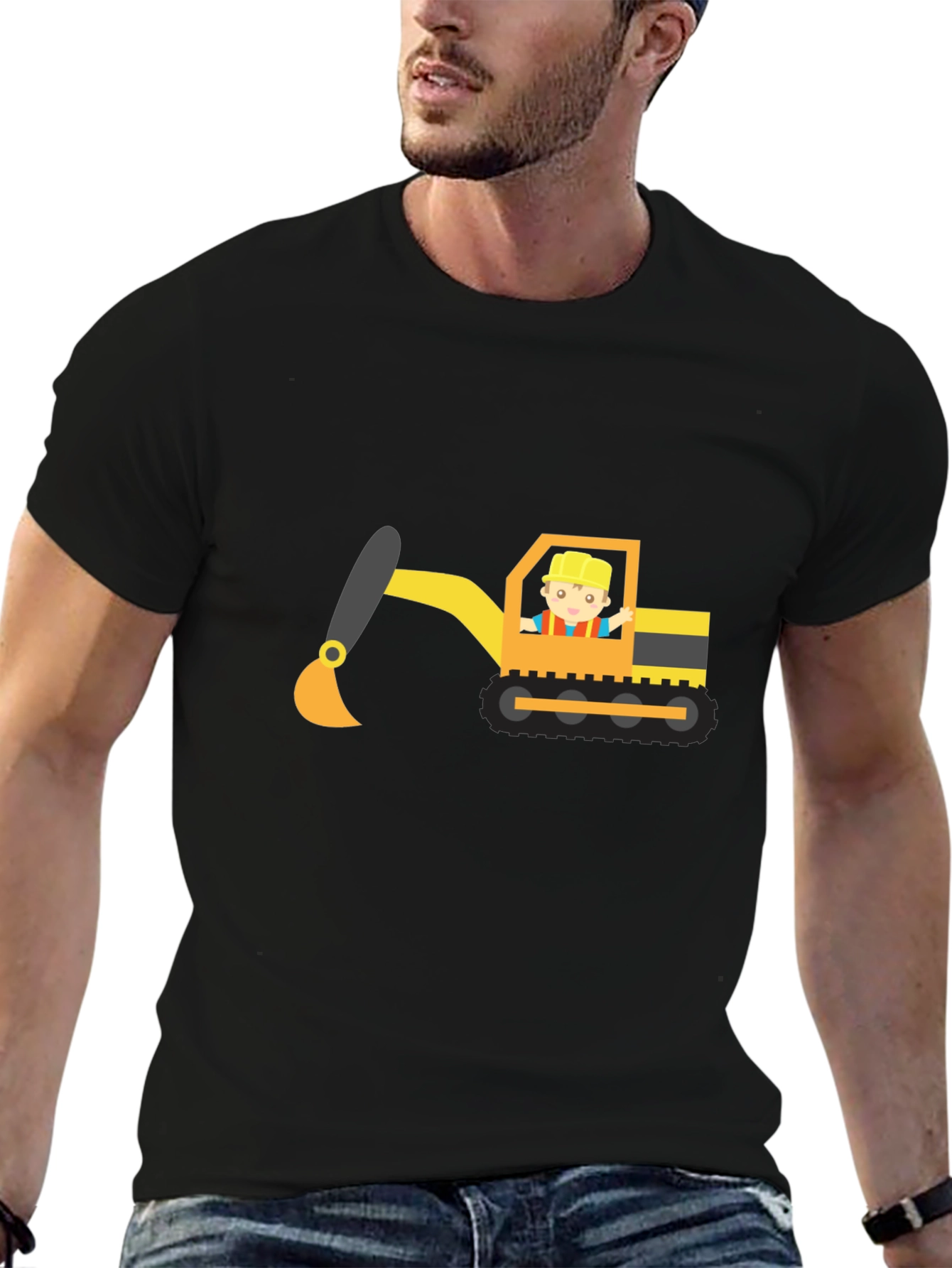 Excavator Cartoon Black T-Shirt