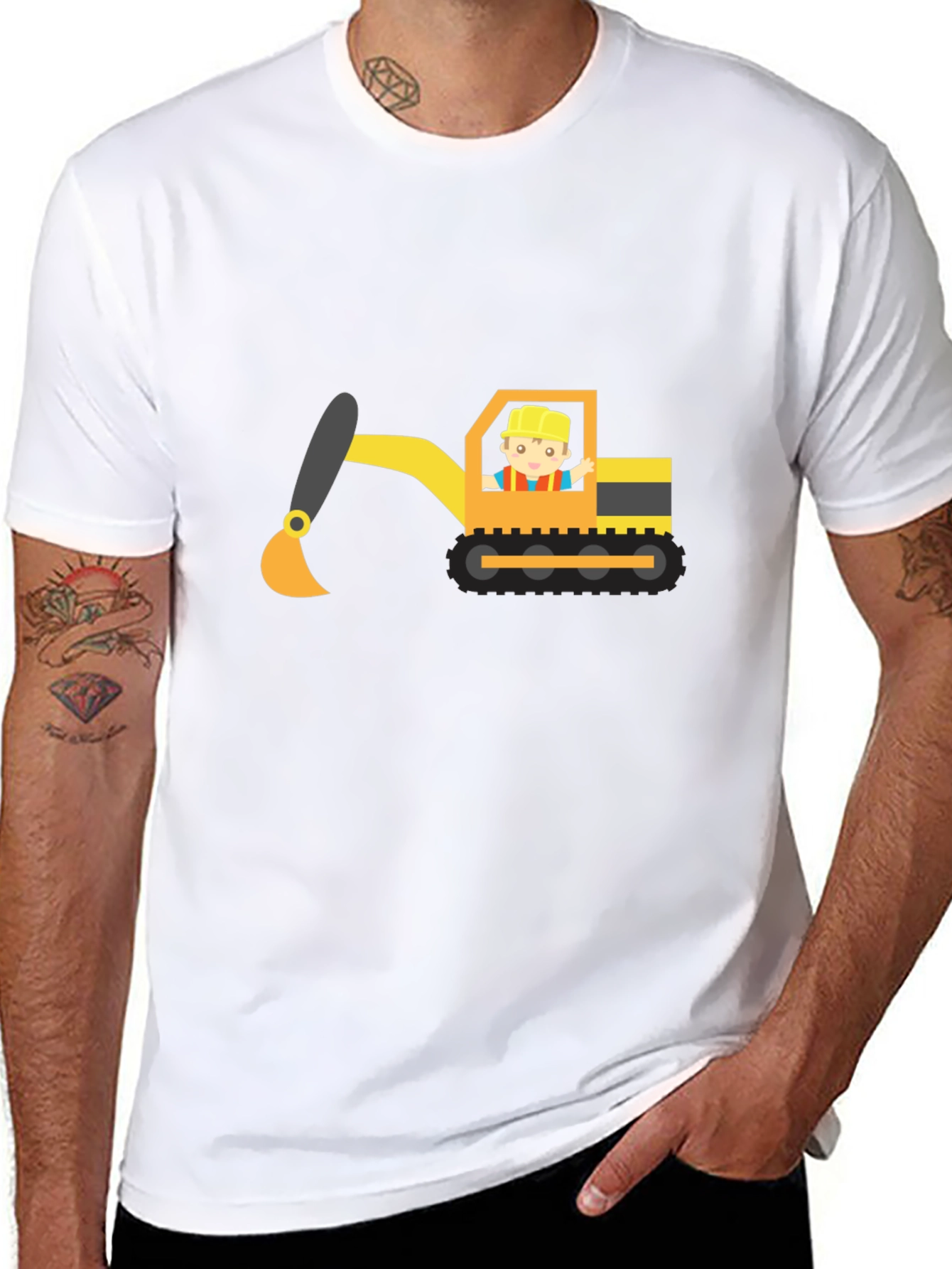 Excavator Cartoon Black T-Shirt