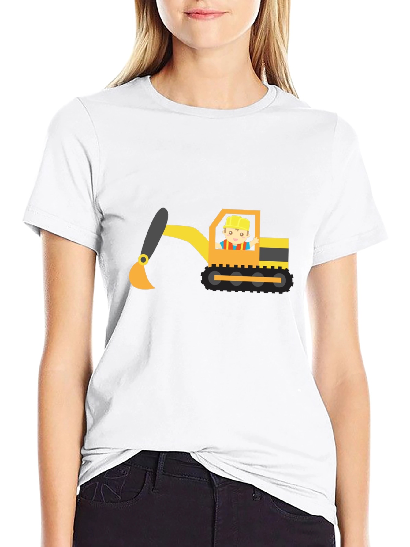 Excavator Cartoon Black T-Shirt