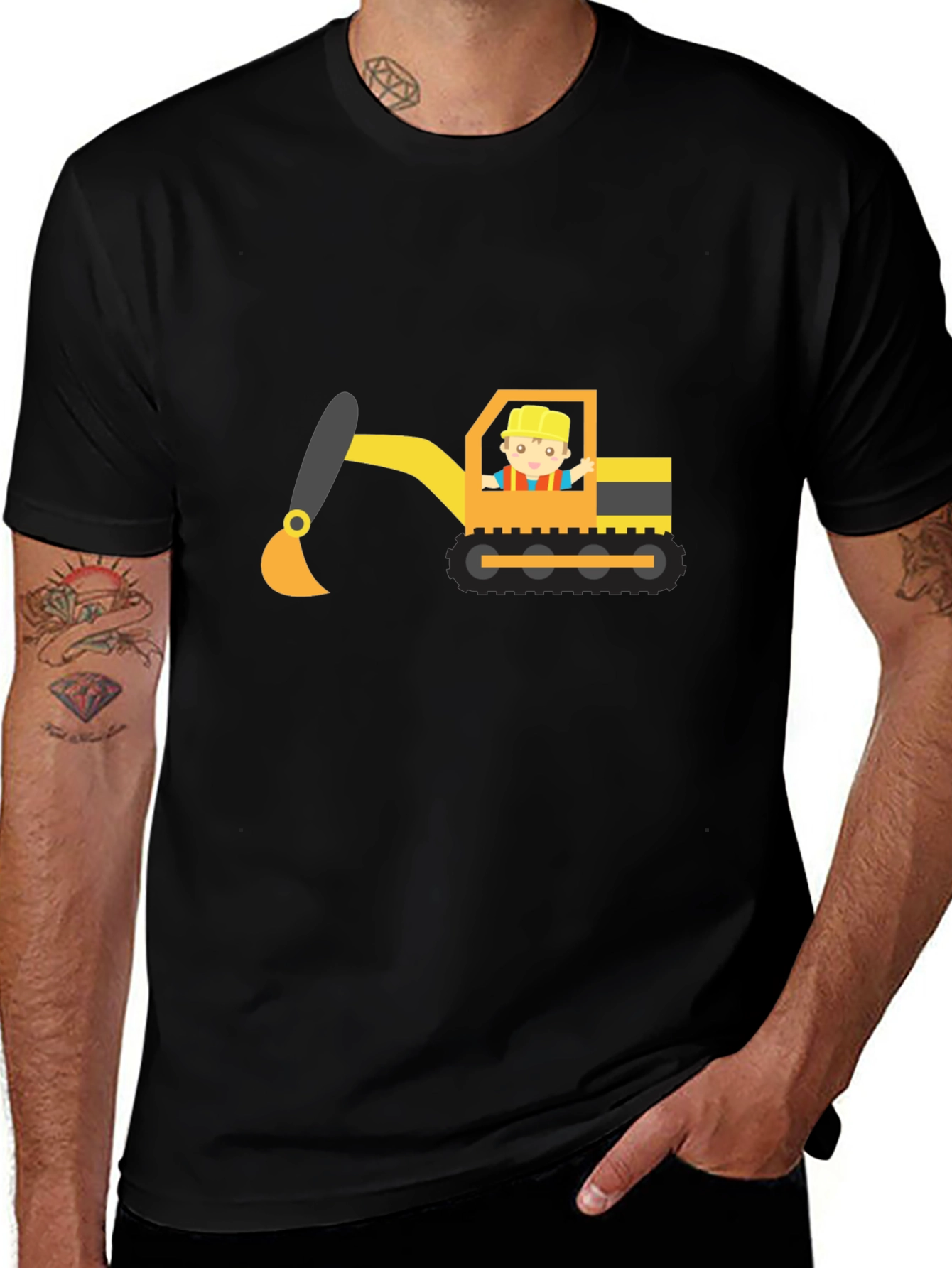Excavator Cartoon Black T-Shirt