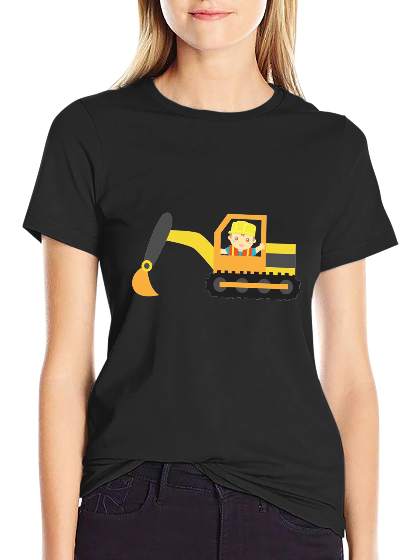 Excavator Cartoon Black T-Shirt