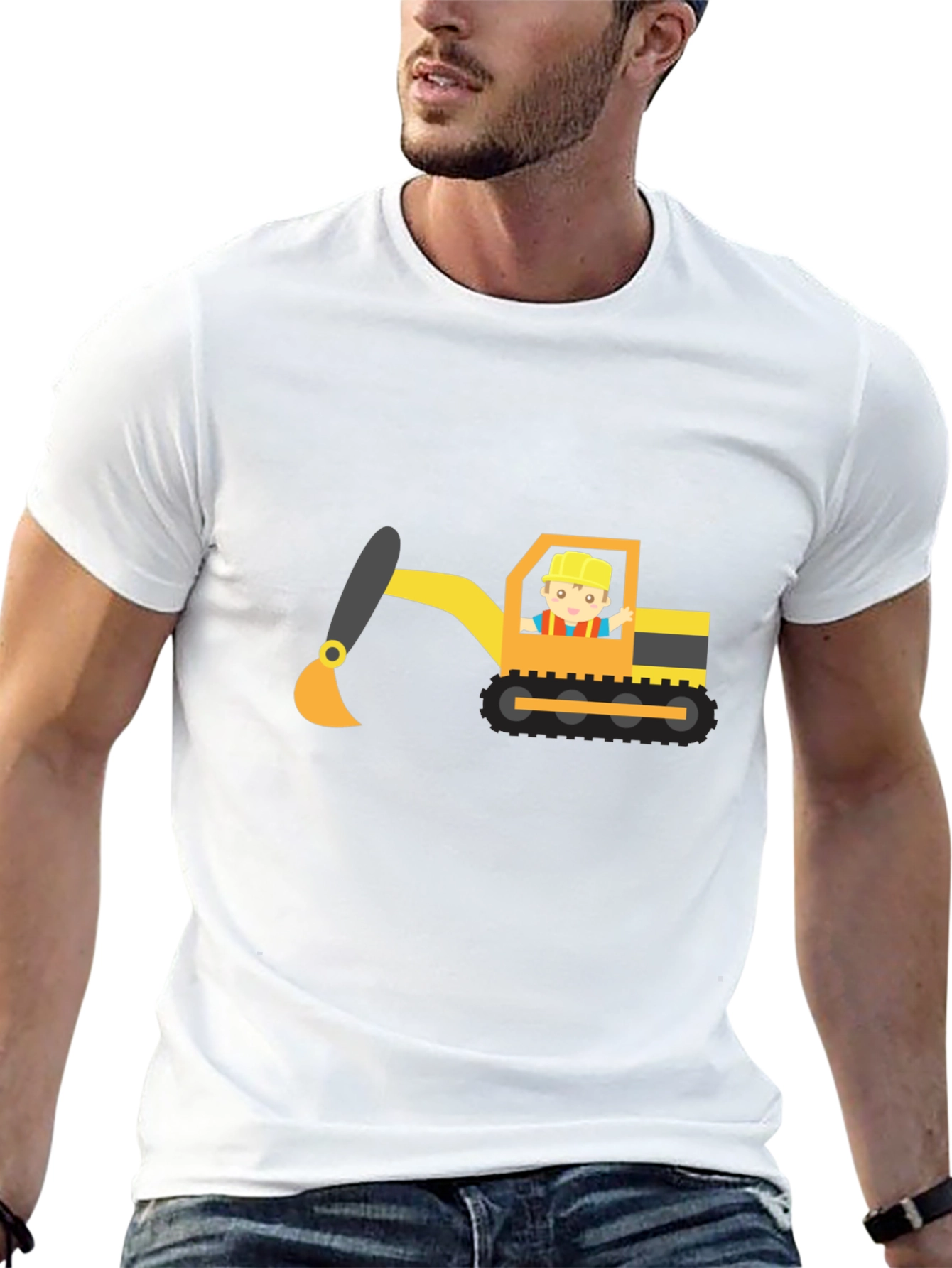 Excavator Cartoon Black T-Shirt