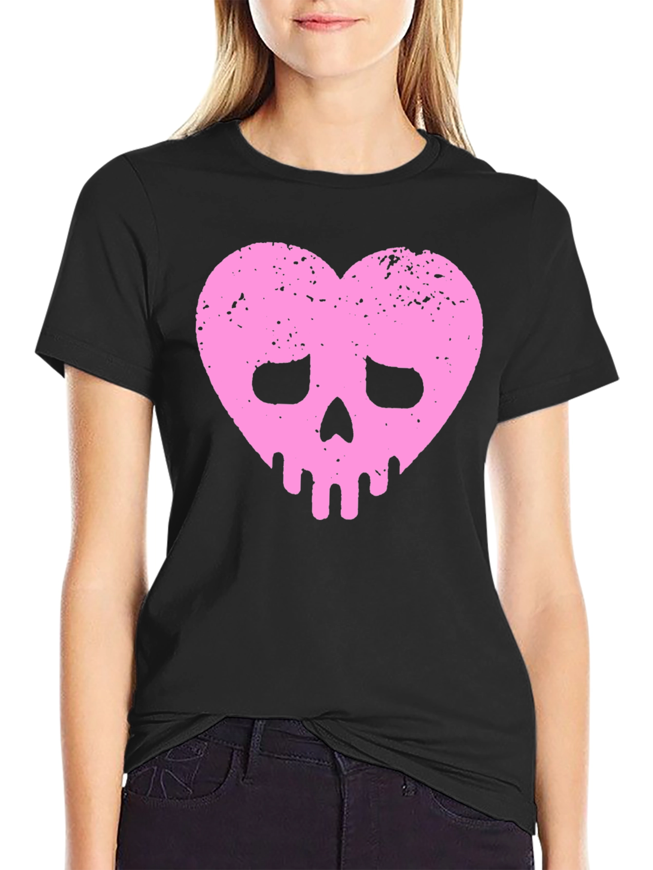 Pink Heart Skull Black T-Shirt