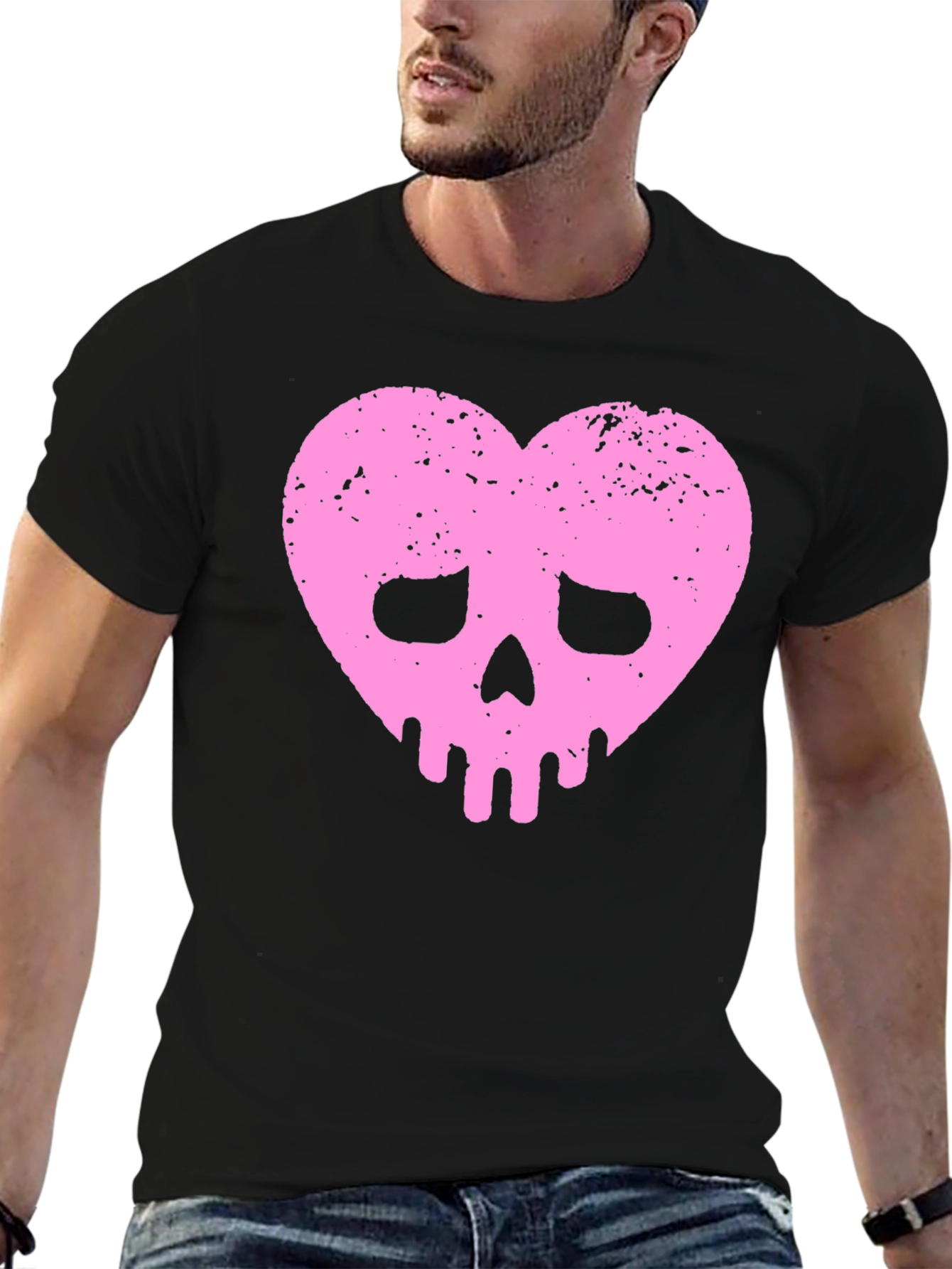 Pink Heart Skull Black T-Shirt